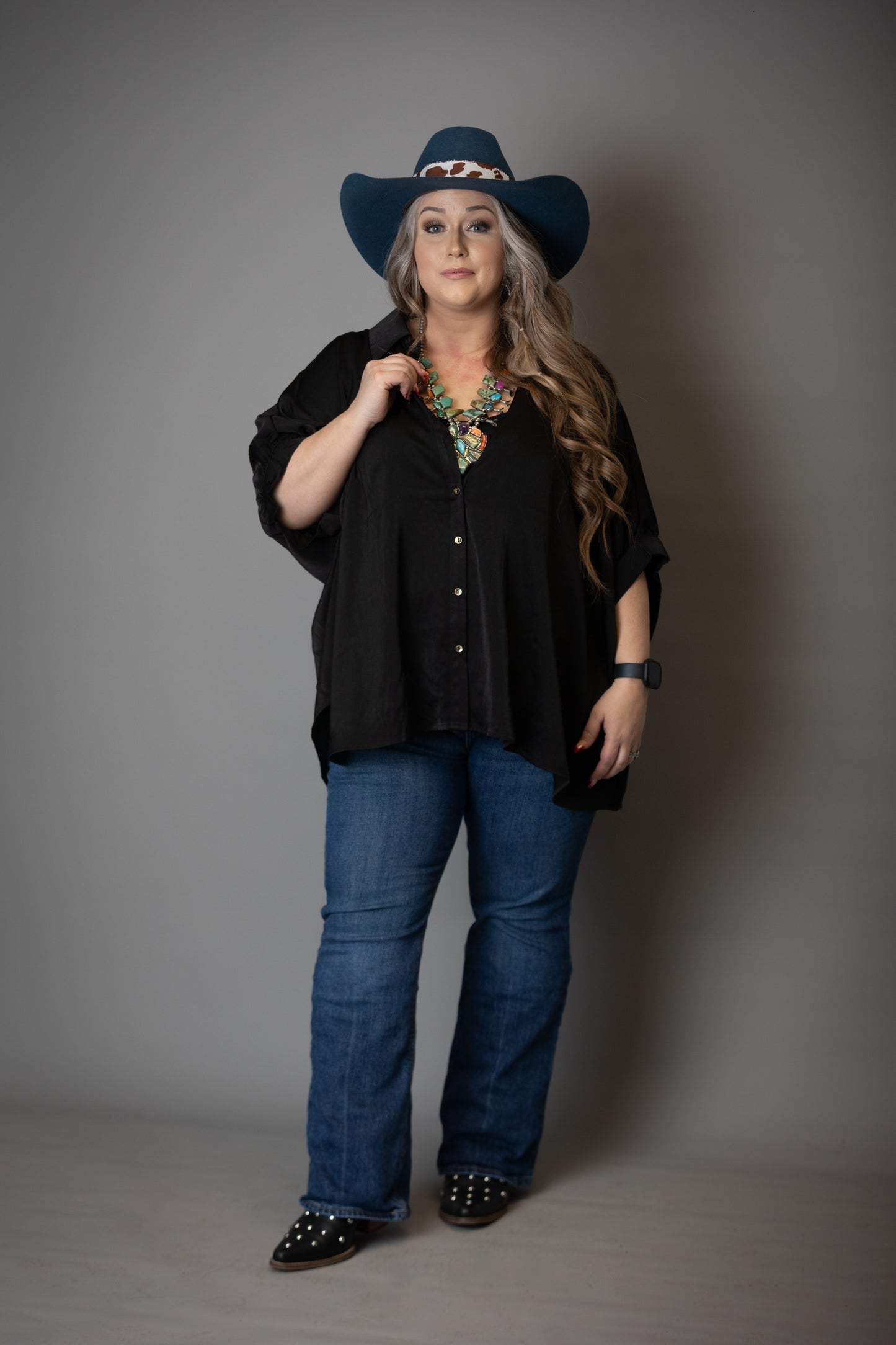 Extended Size Black Satin Button Down