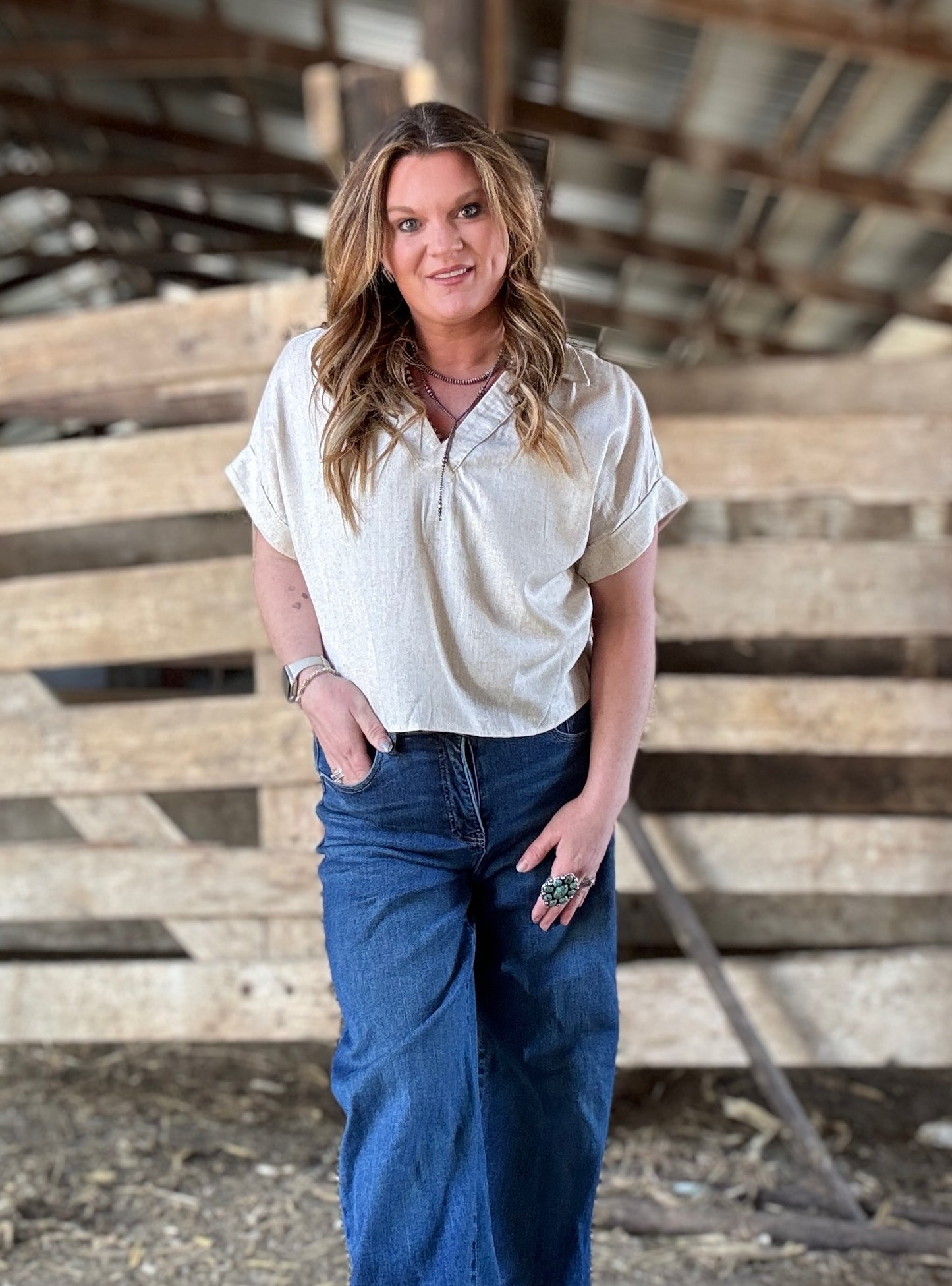 V-Neck Short Sleeve Linen Top