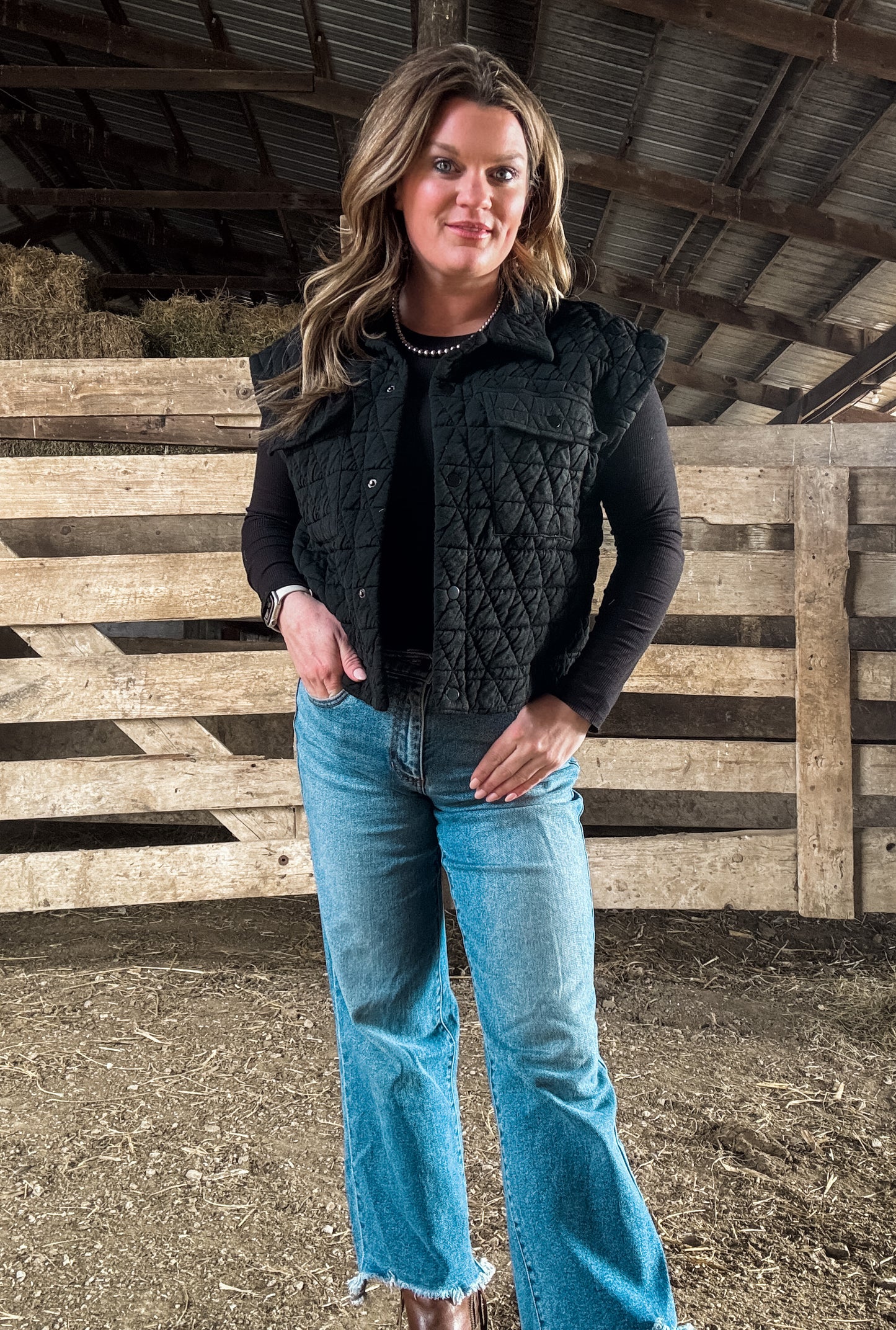 QUILTED POINT COLLAR FLAP PATCHED POCKET VEST