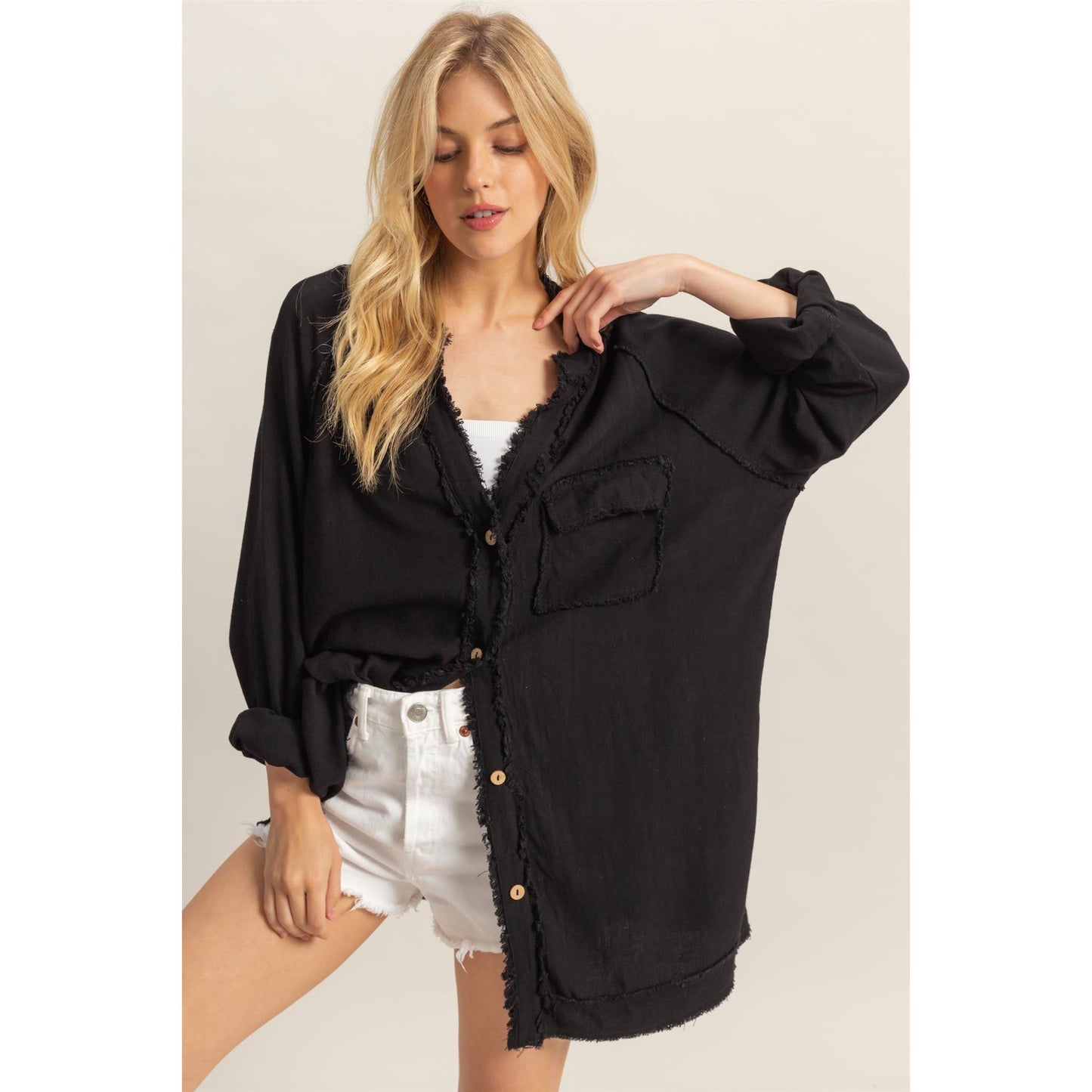 Double Gauze Raw Edge V Neck Tunic Top
