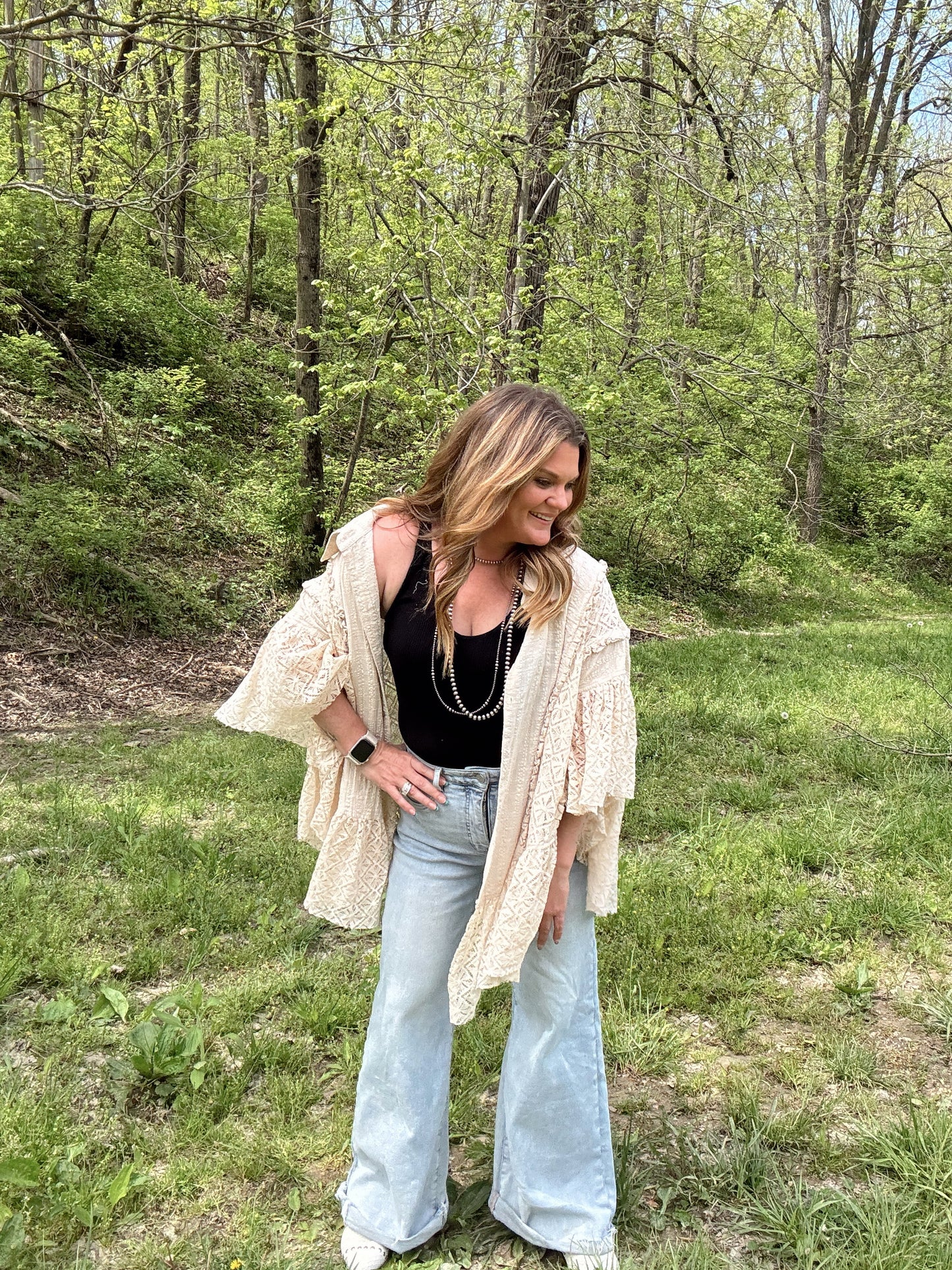 Washed Lace Ruffle Button Down Blouse