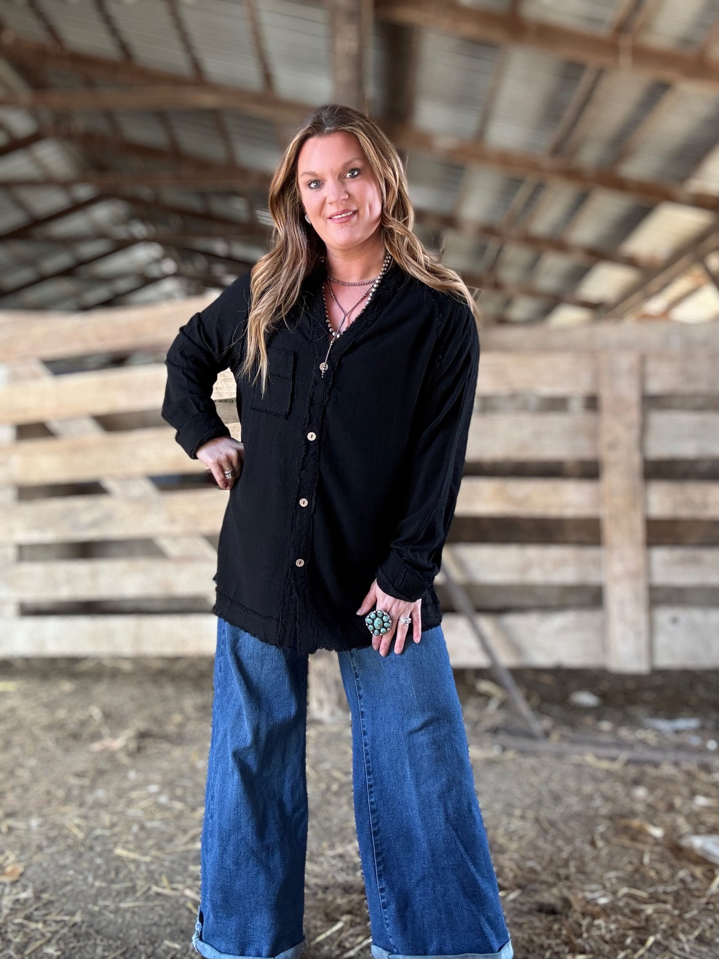 Double Gauze Raw Edge V Neck Tunic Top