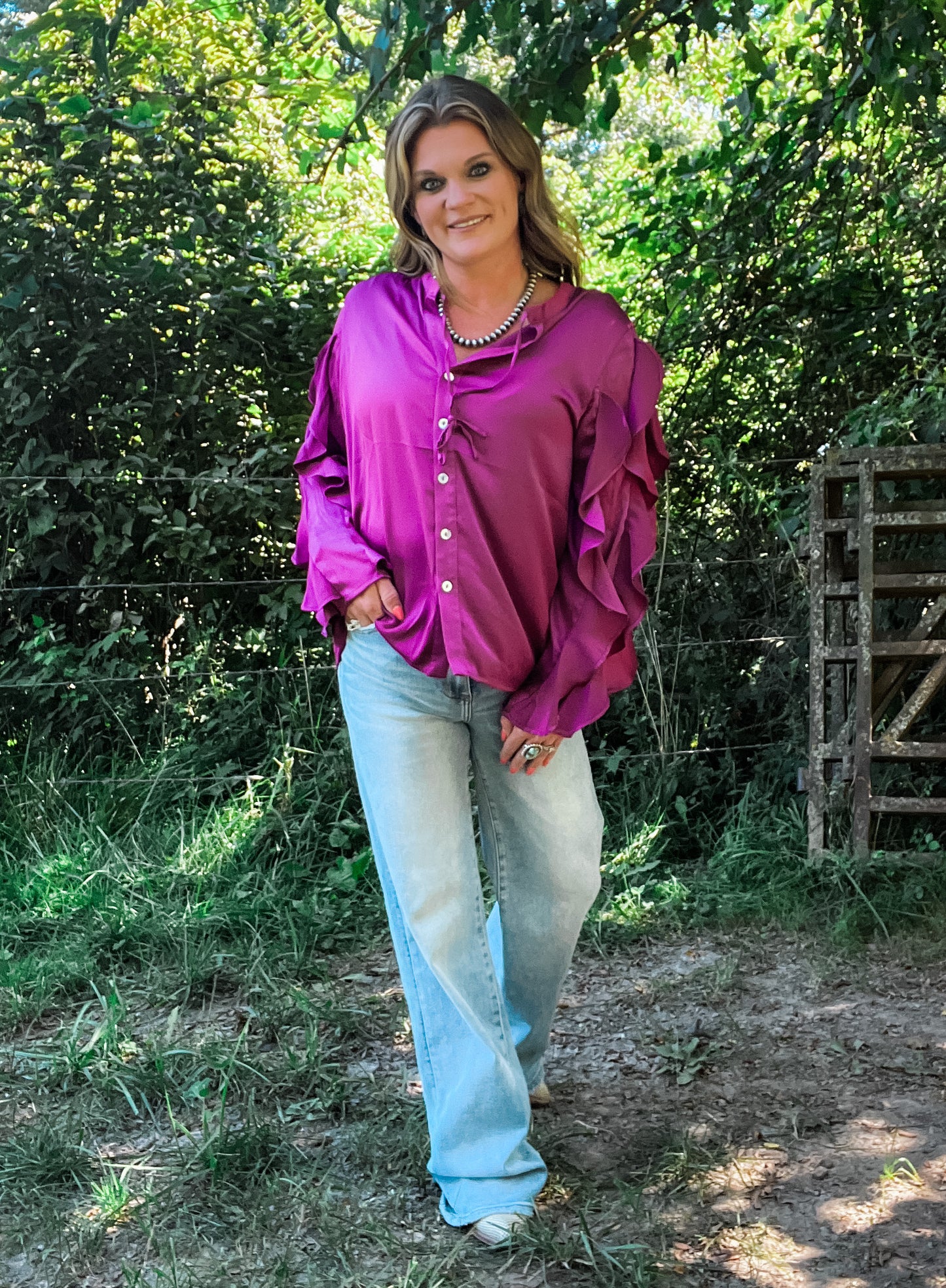 Satin Plum Ruffle Sleeve Top