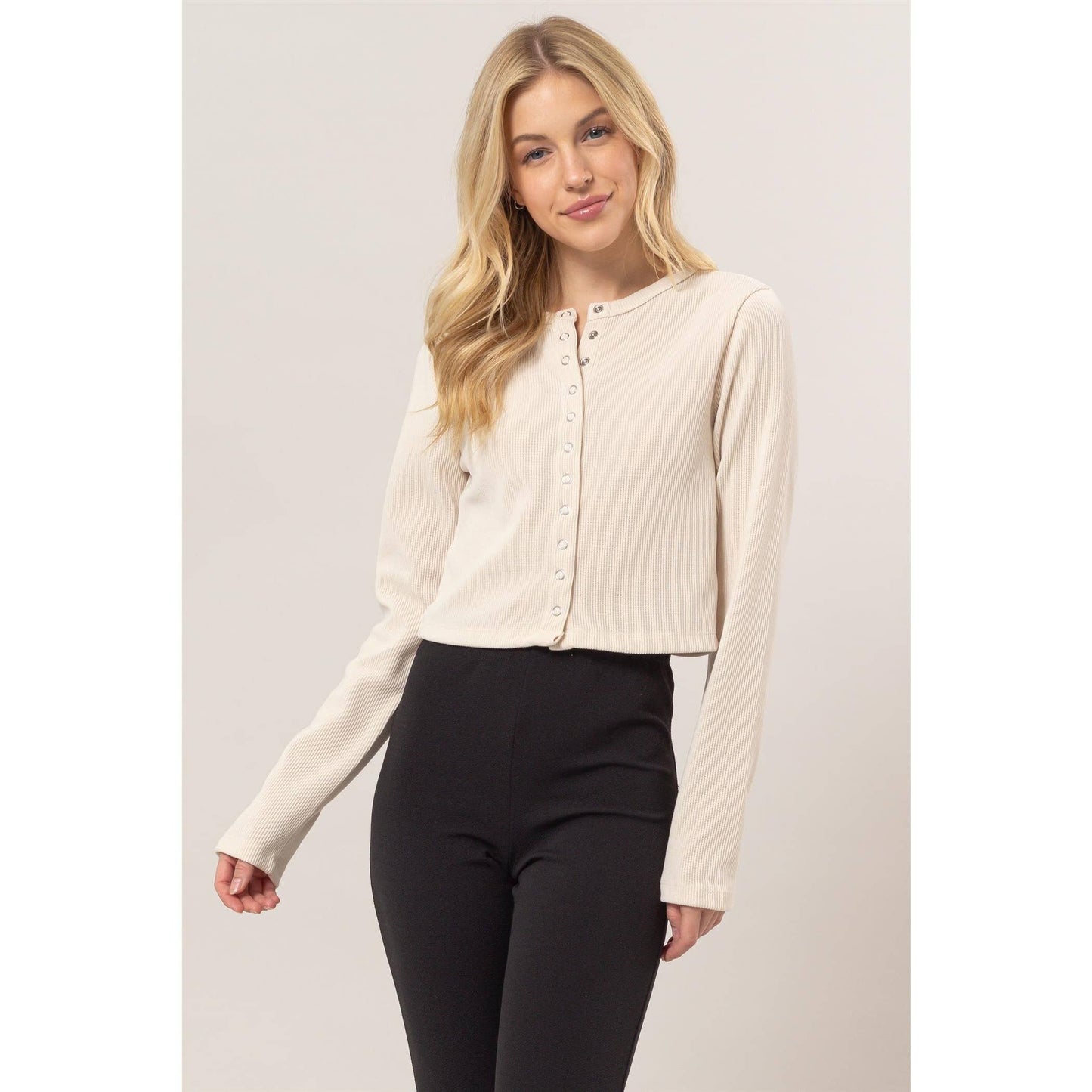 Cream Button-Down Ribbed Knit Top