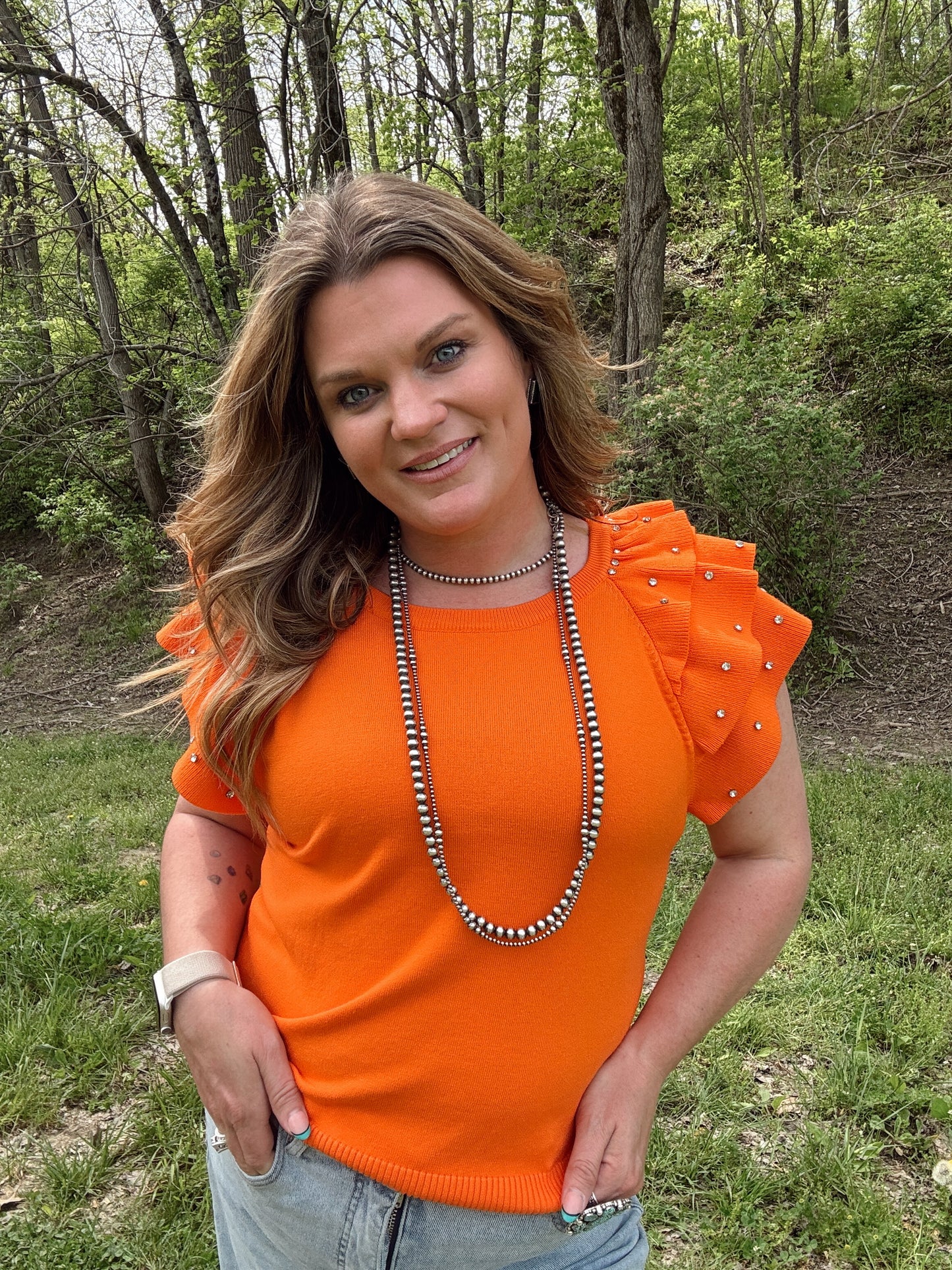 Rhinestone Ruffle Sleeve Top