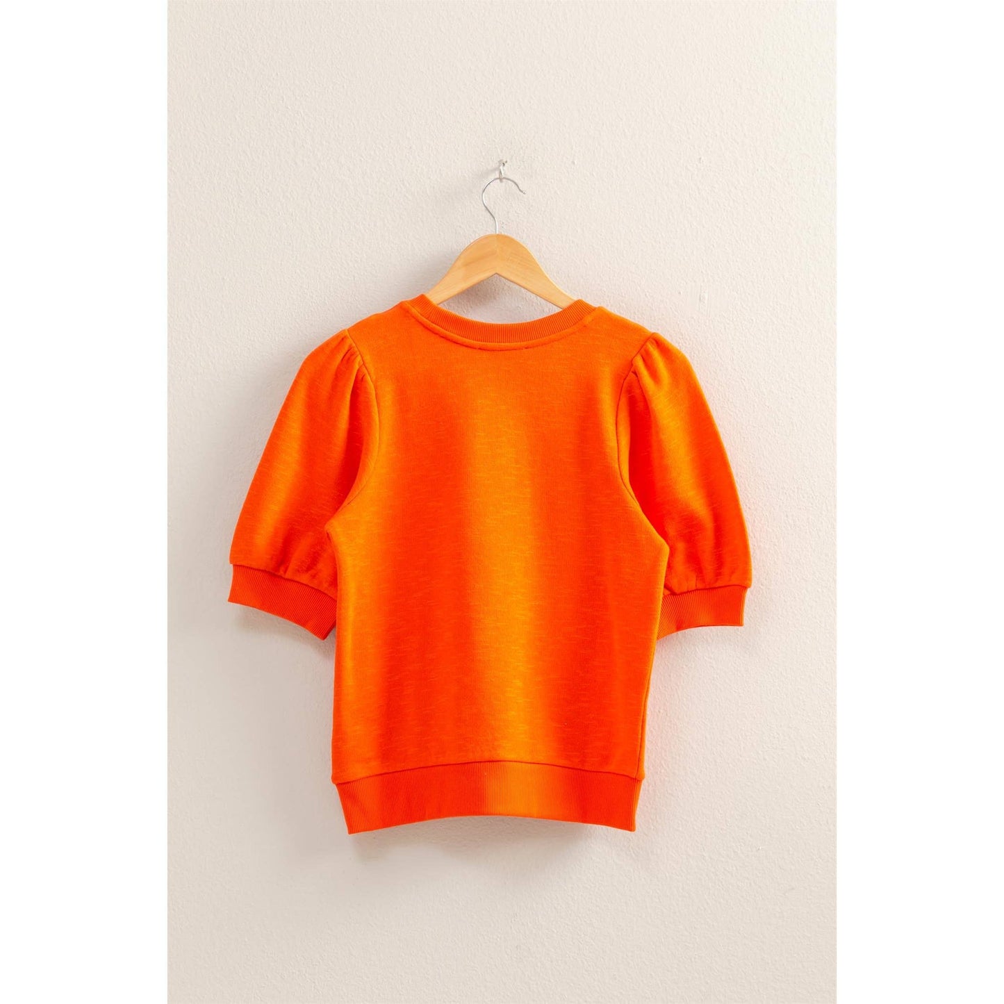 Orange Puff Sleeve Round Neck Top