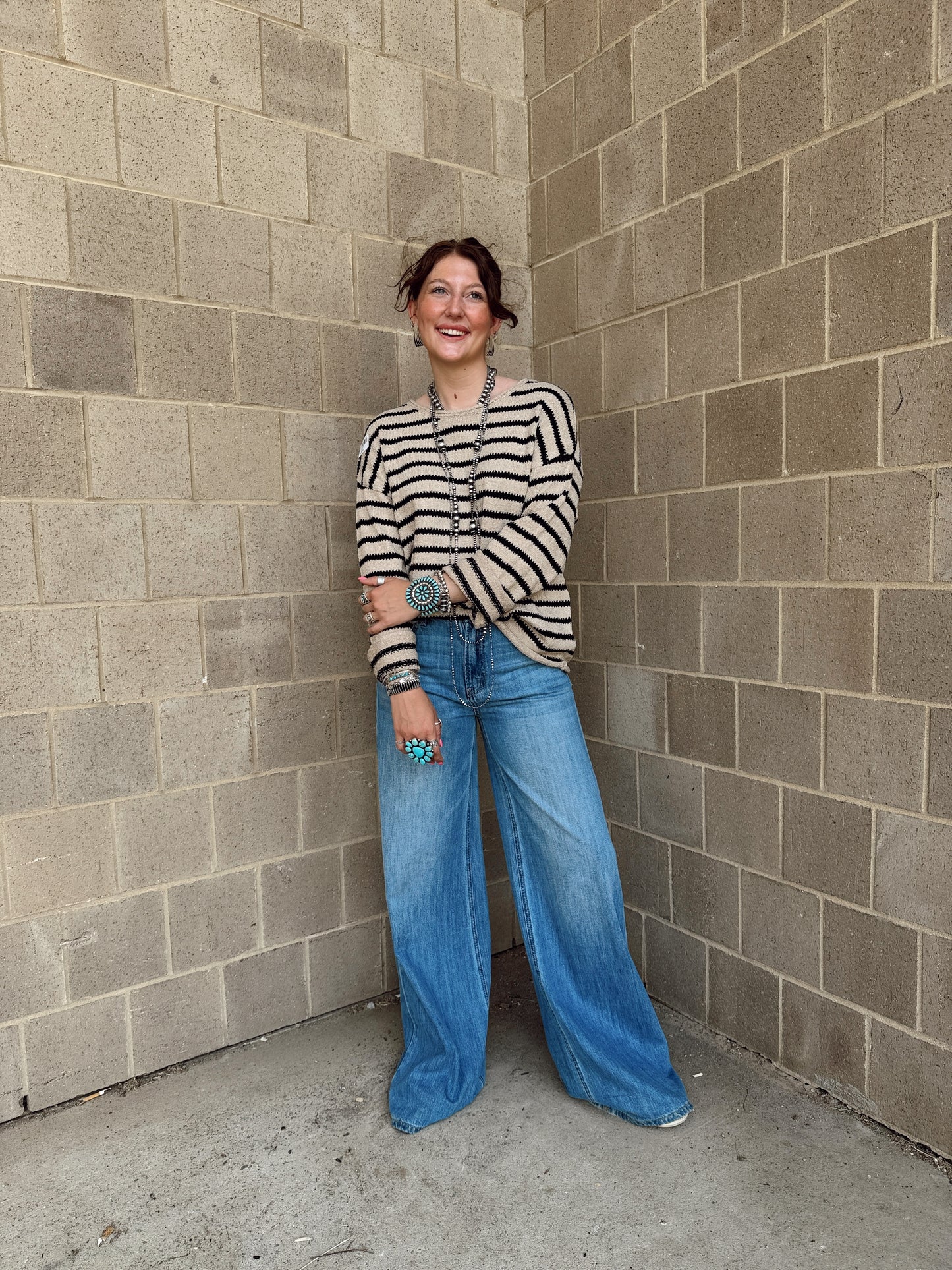 STRIPE BOAT NECK DROP SHOULDER KNIT SWEATER