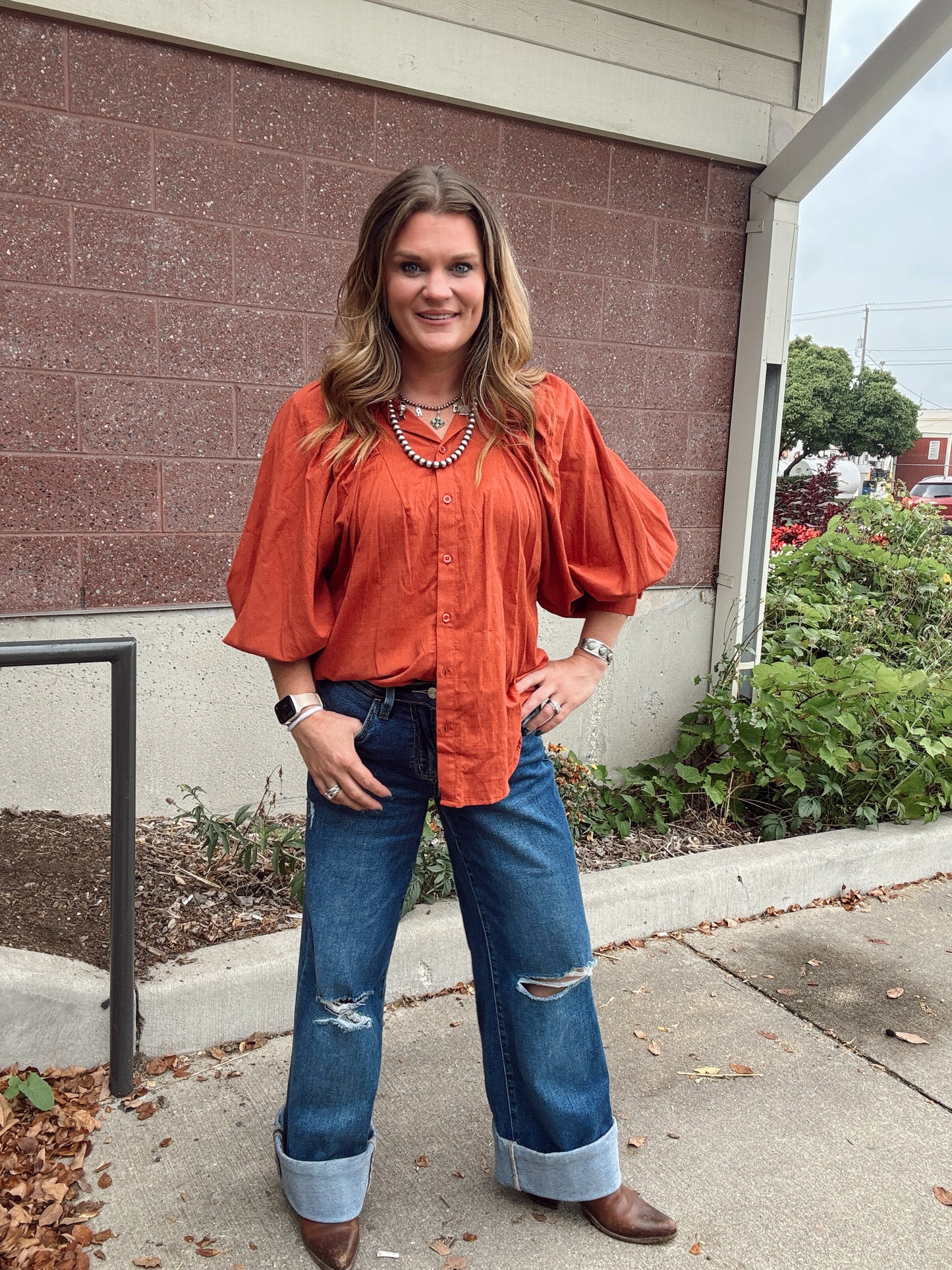 Brick Balloon Sleeve Textured Blouse