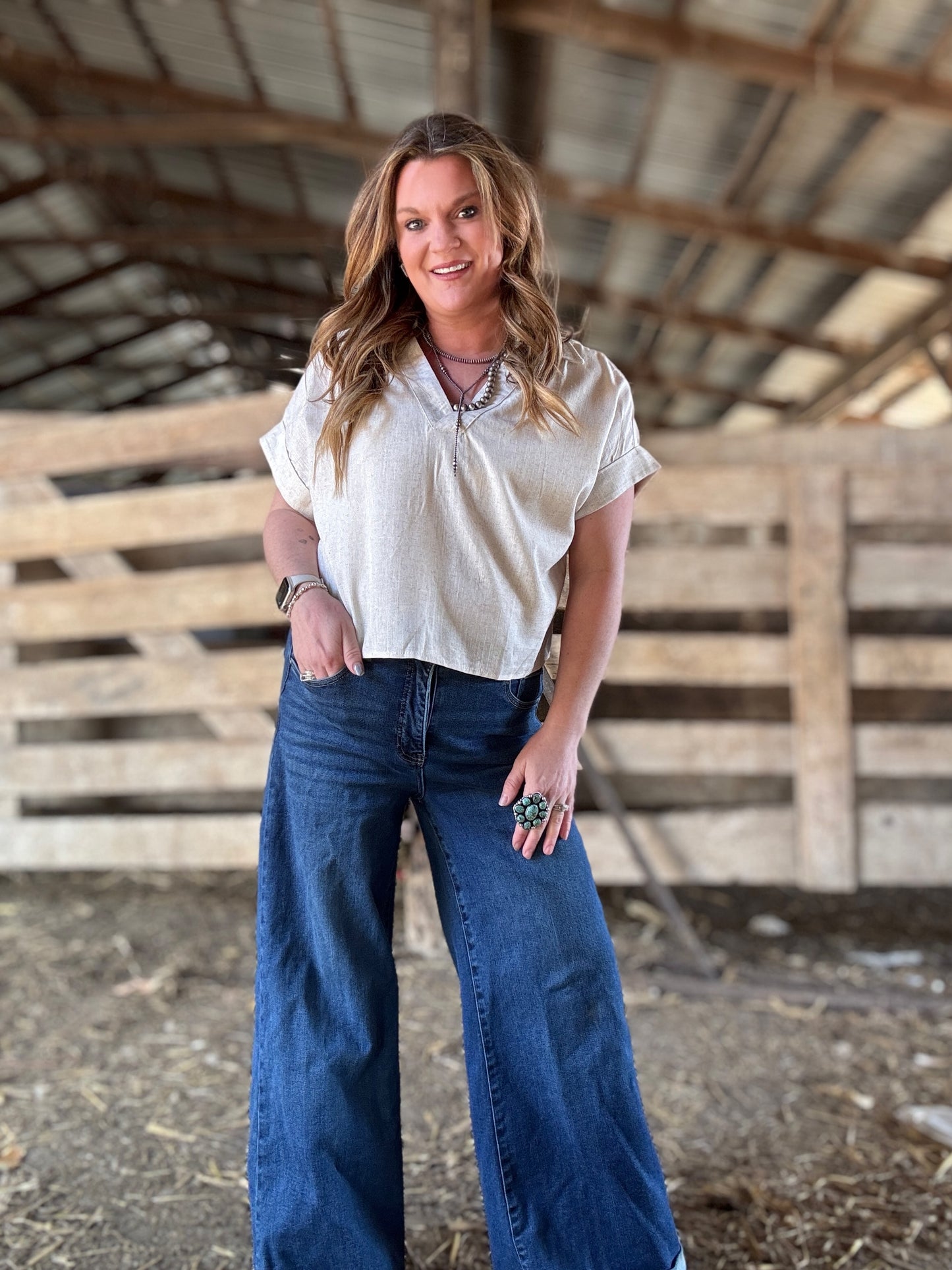 V-Neck Short Sleeve Linen Top