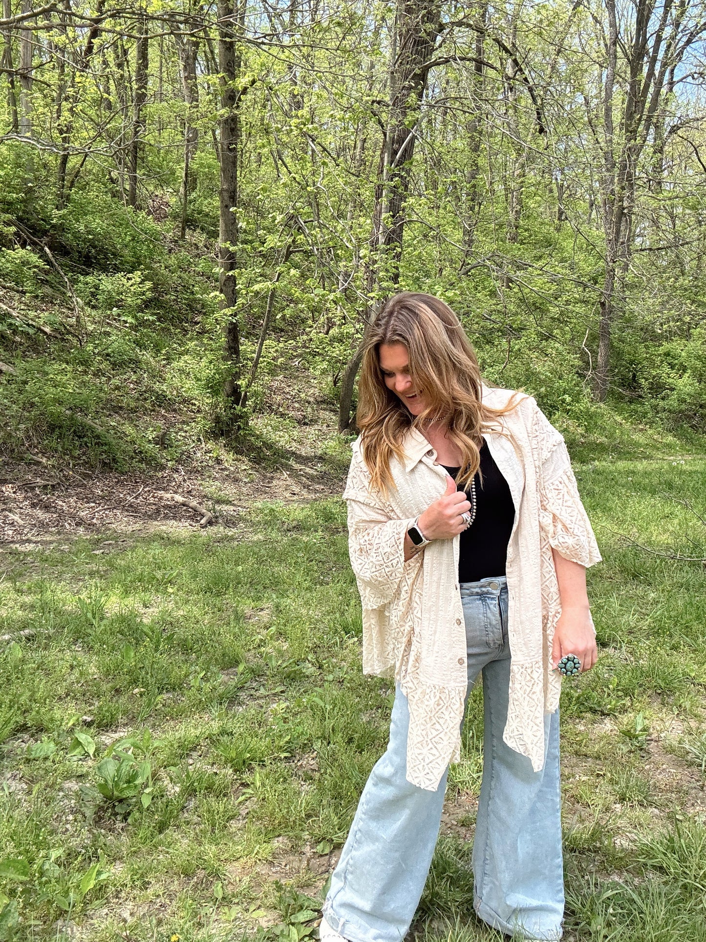 Washed Lace Ruffle Button Down Blouse