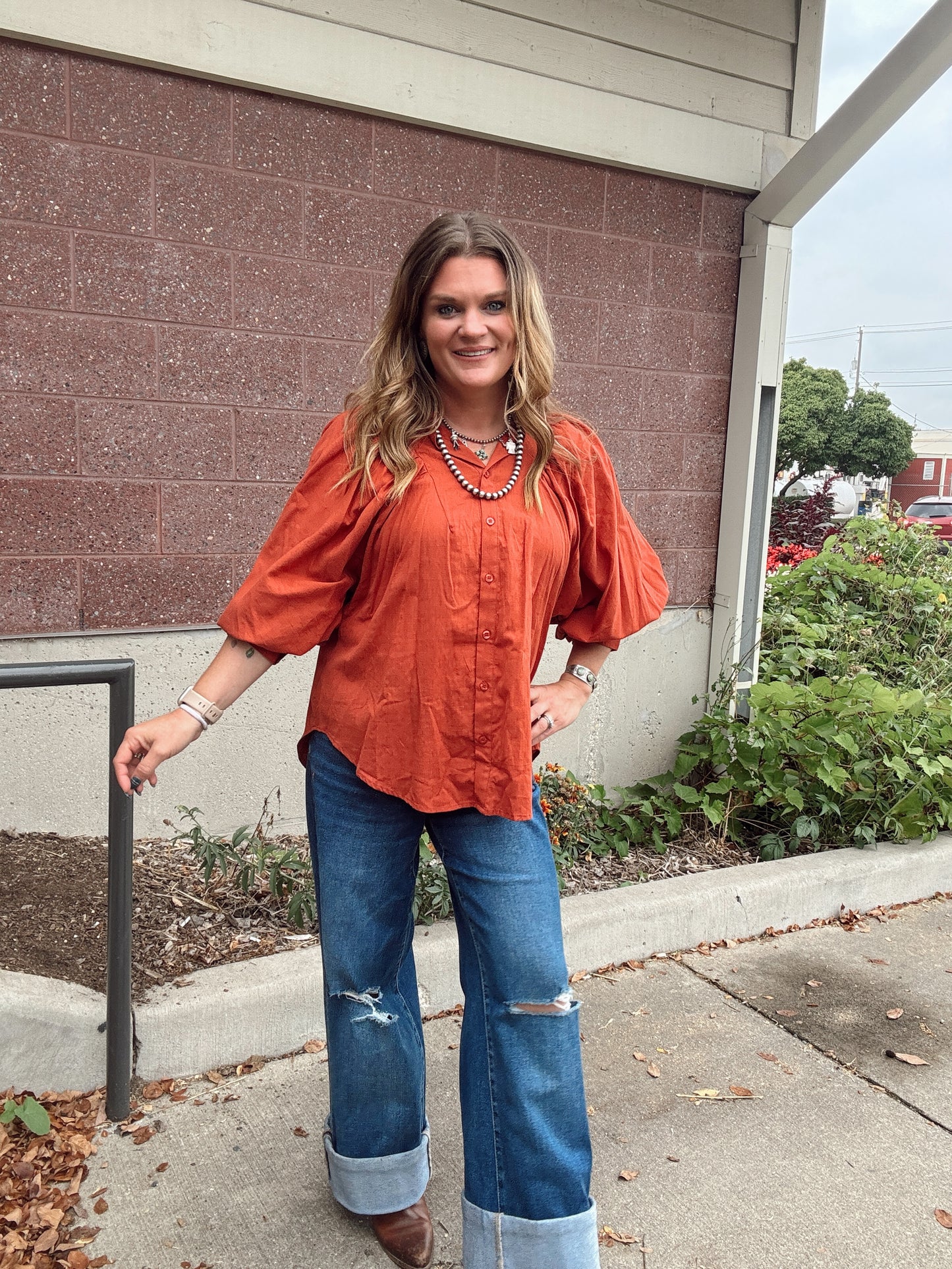 Brick Balloon Sleeve Textured Blouse
