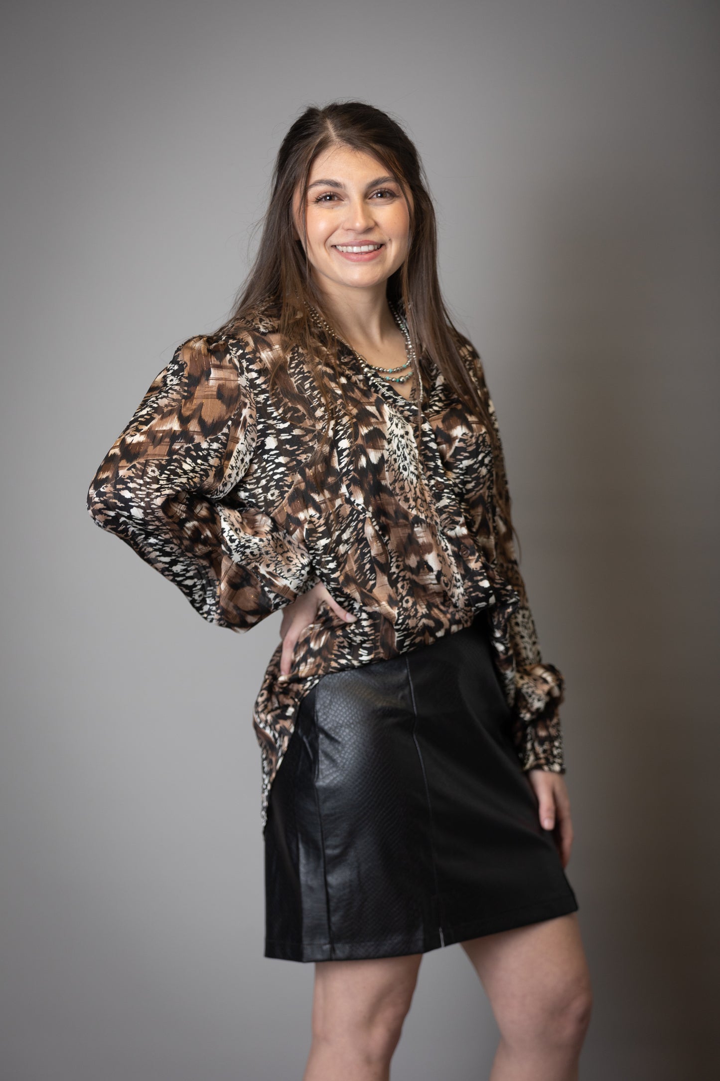 Animal Print Sheer Button Down Blouse