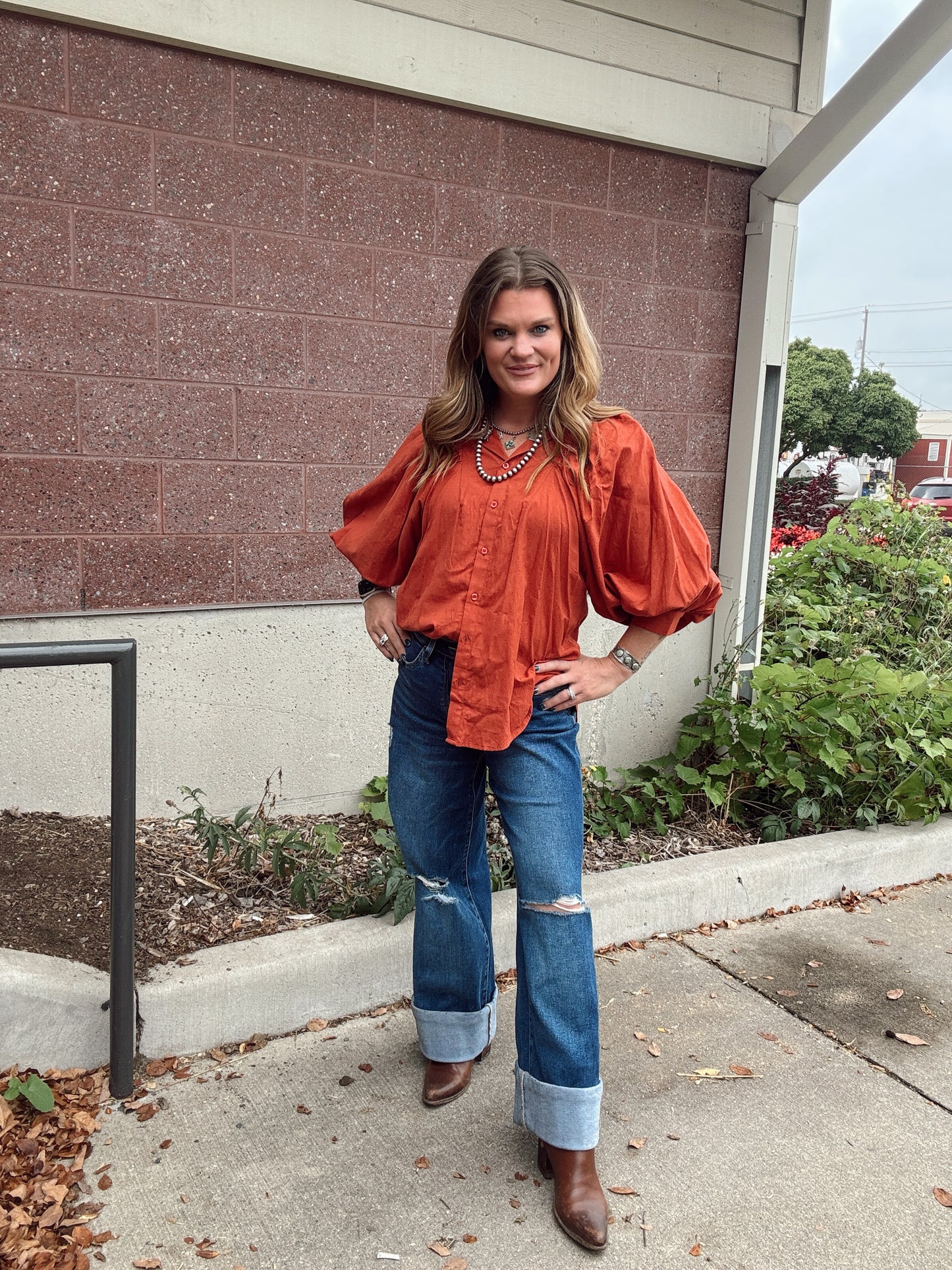 Brick Balloon Sleeve Textured Blouse
