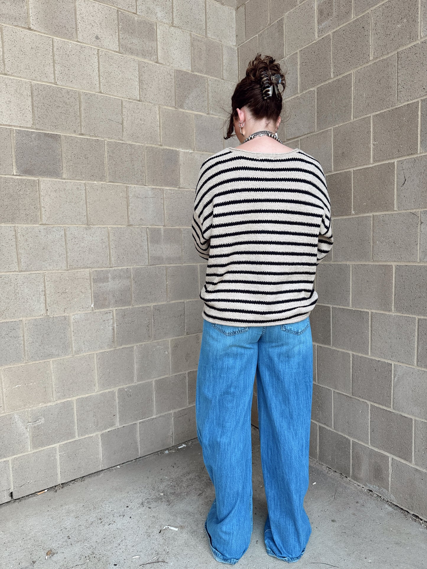 STRIPE BOAT NECK DROP SHOULDER KNIT SWEATER