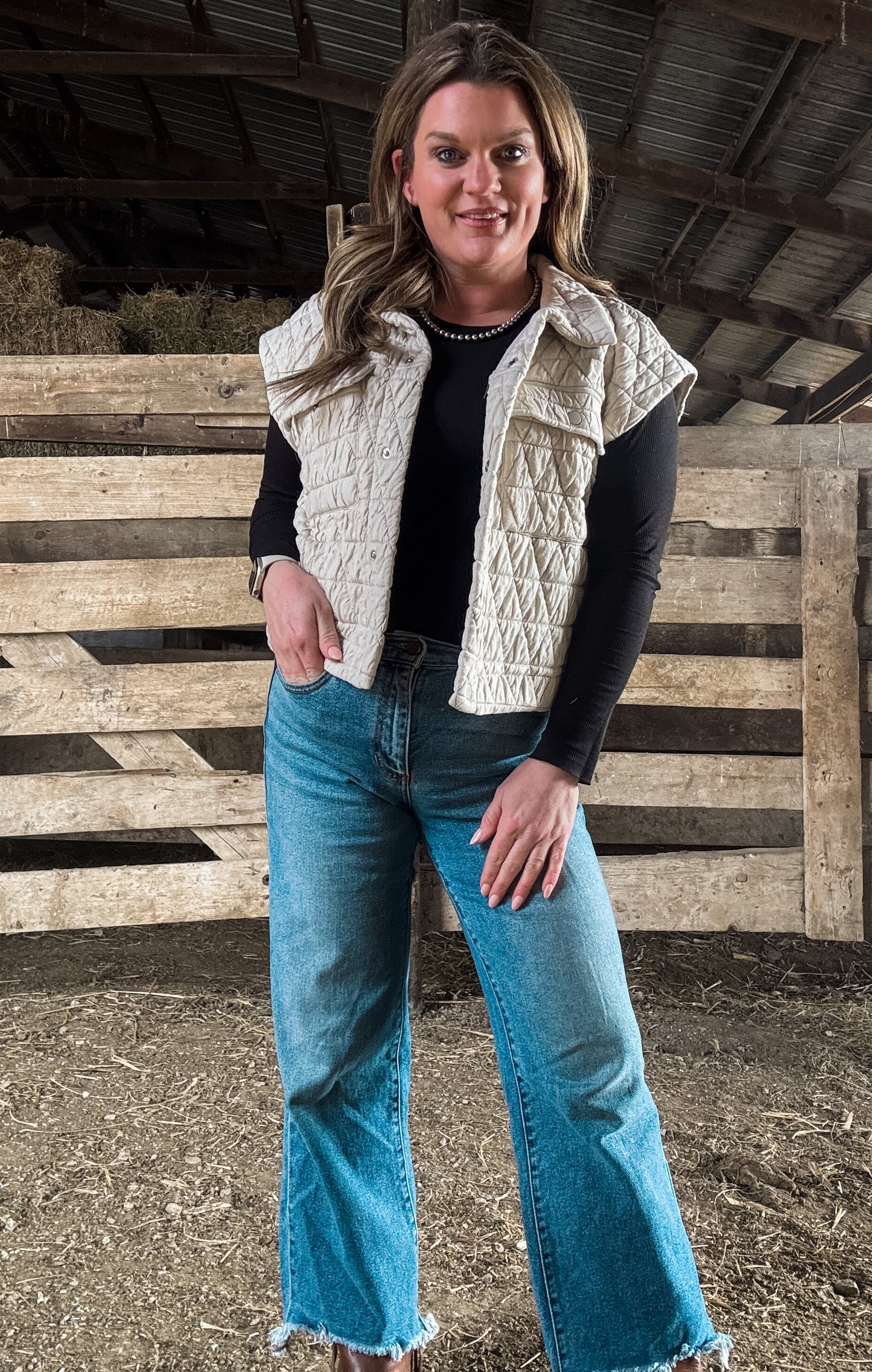 QUILTED POINT COLLAR FLAP PATCHED POCKET VEST