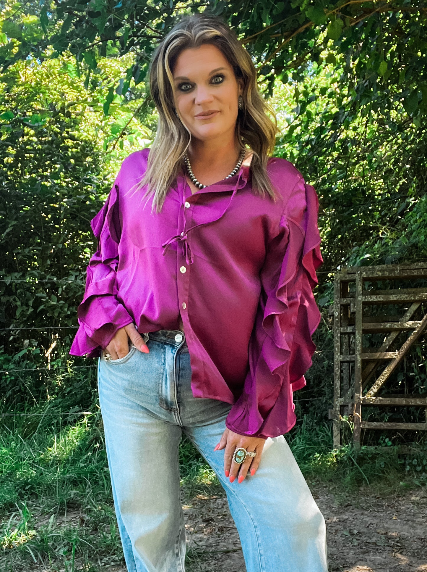 Satin Plum Ruffle Sleeve Top