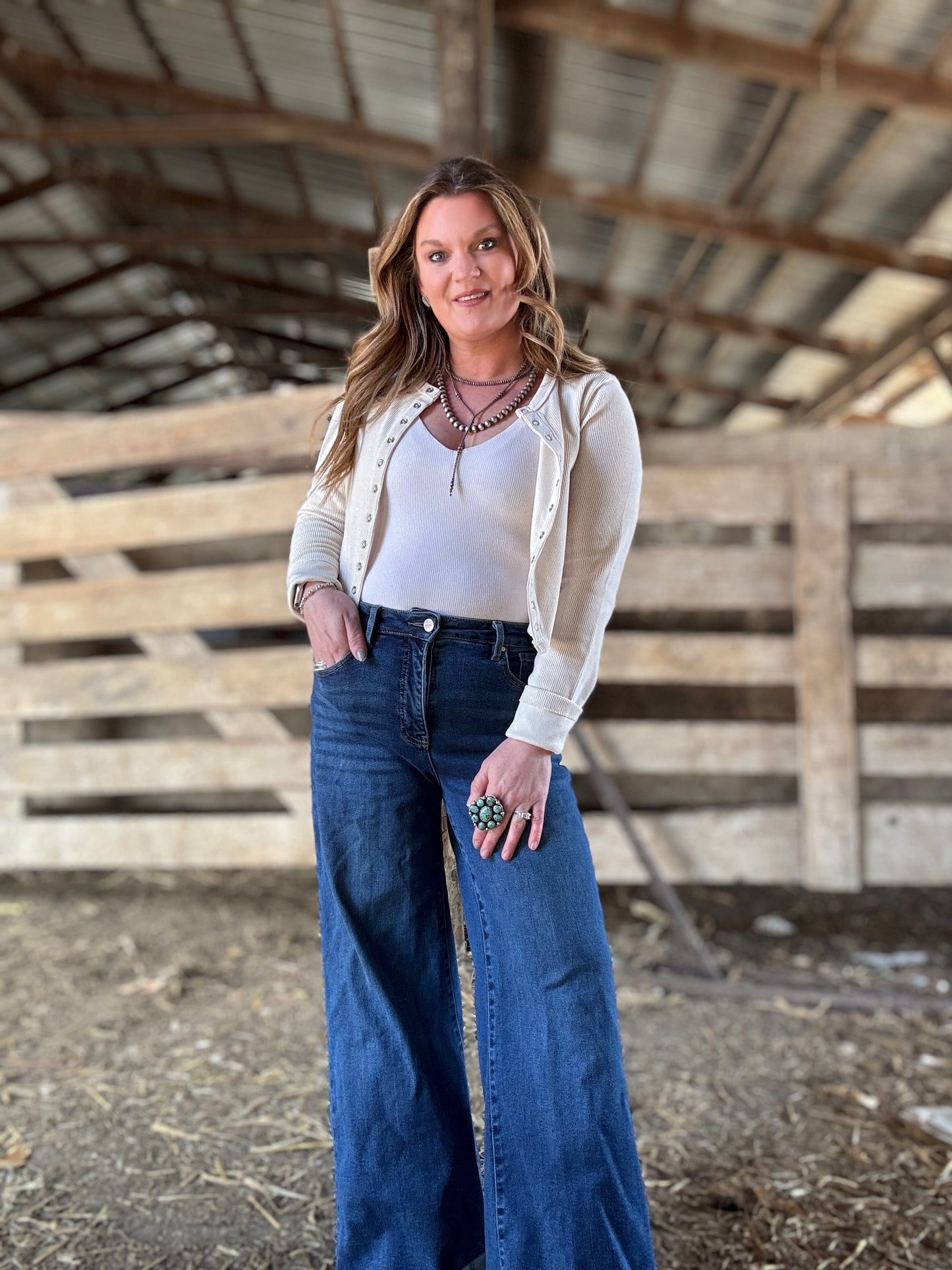 Cream Button-Down Ribbed Knit Top