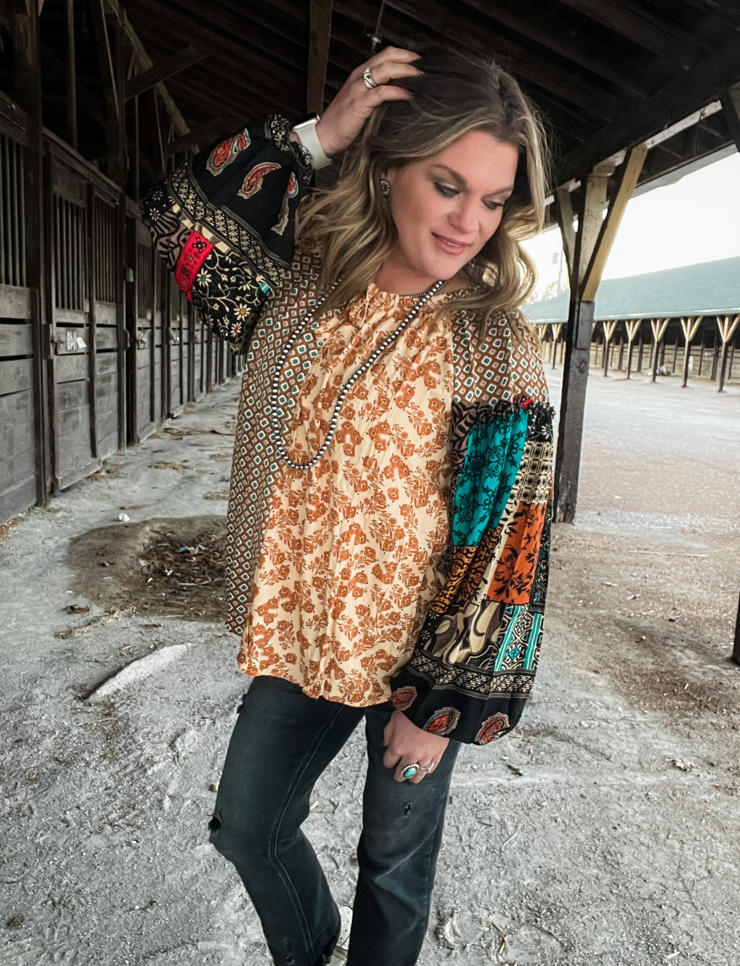 Pattern Mix Loose Fit Woven Top