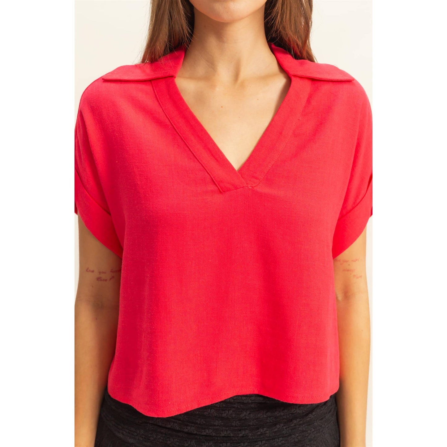 V-Neck Short Sleeve Linen Top