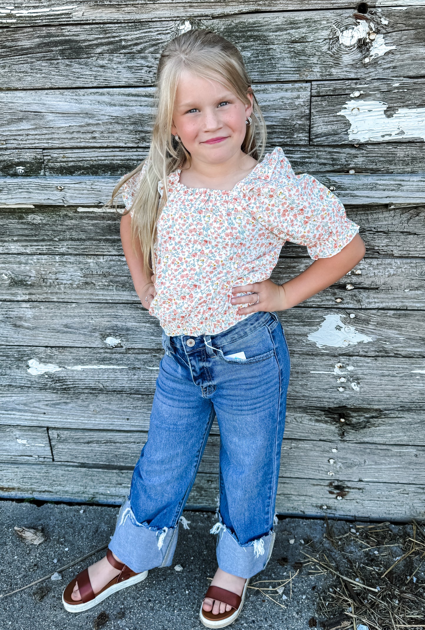 Girls Peach Floral Sheer Top