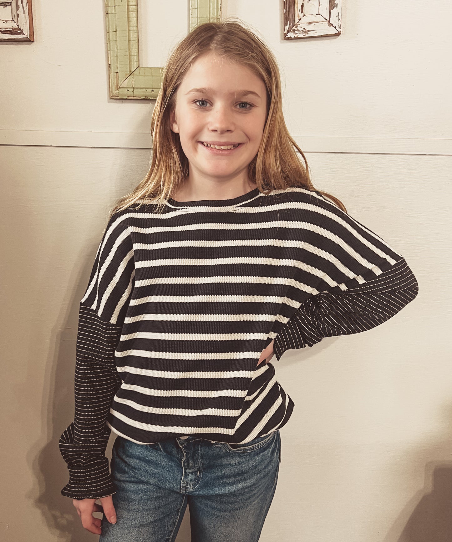 Girls Contrast Stripe Textured Knit Top