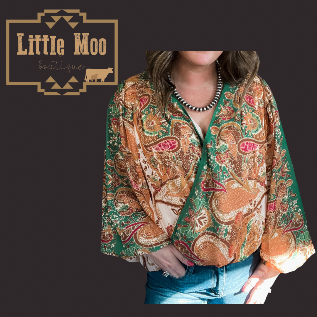 Green Fun Print Bubble Sleeve Bodysuit