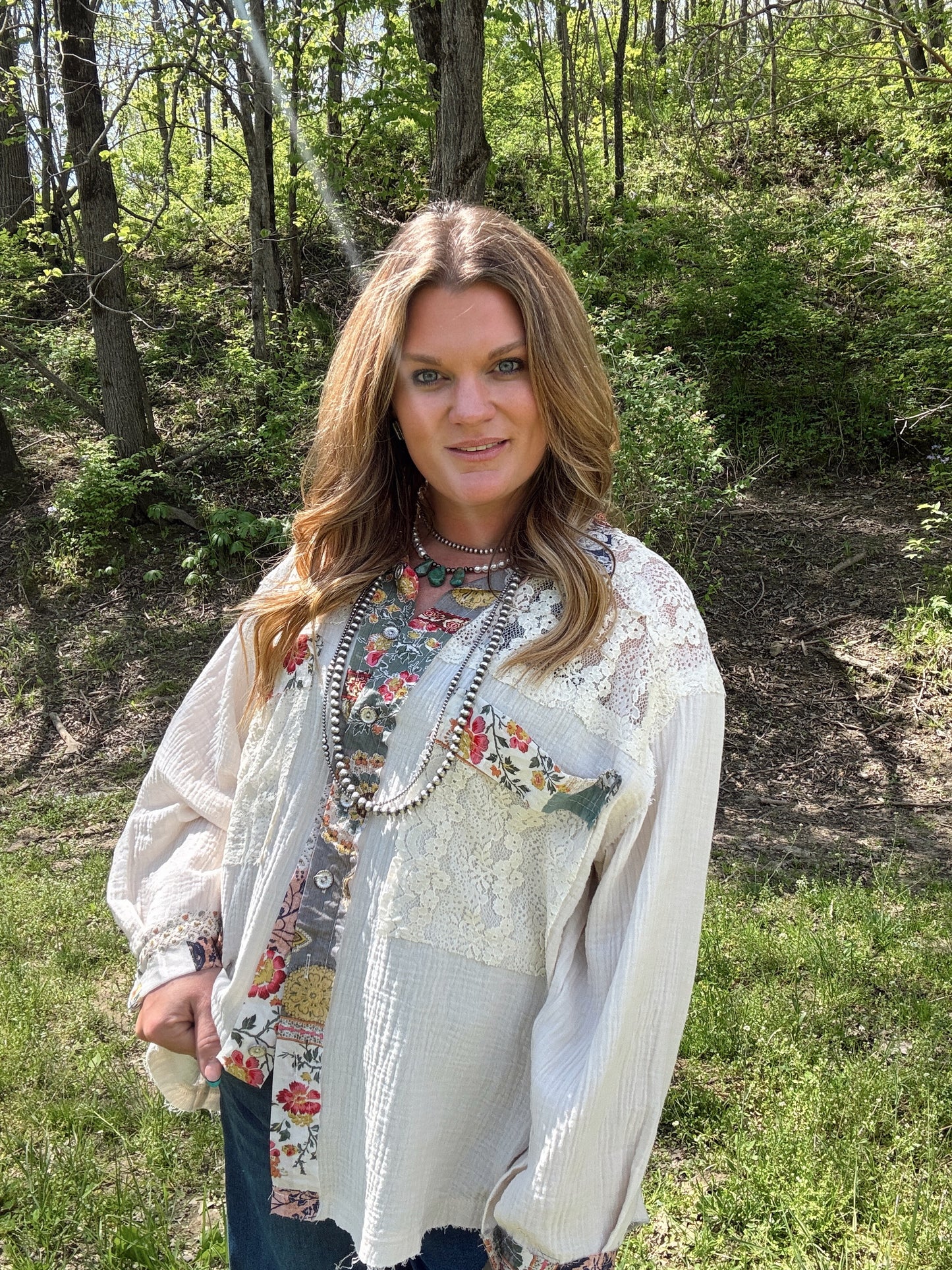 White Lace + Multi Color Button Down