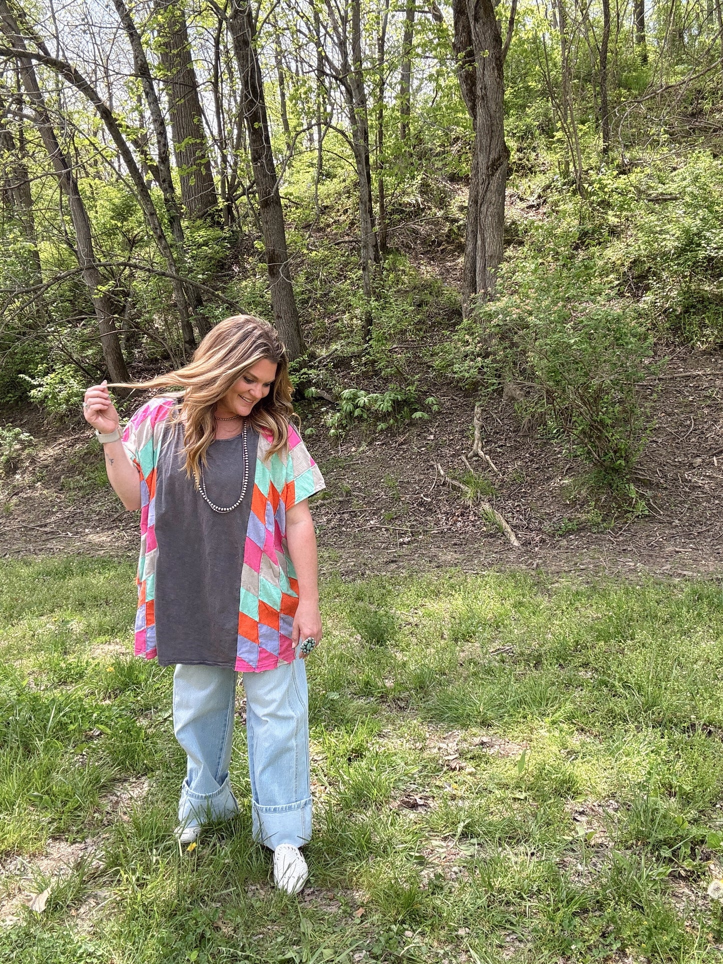 Washed Navy Patchwork Oversize Top