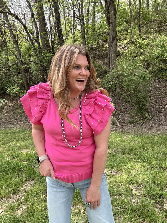 Rhinestone Ruffle Sleeve Top