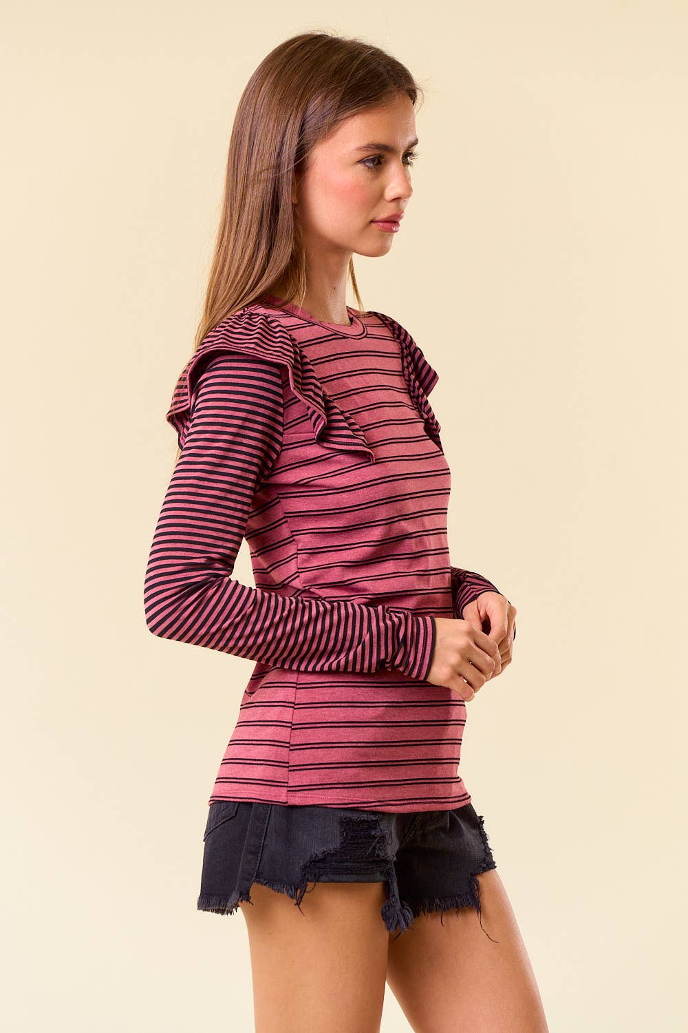 Stripe Mixed Round Neck Ruffled Long Sleeve Tee