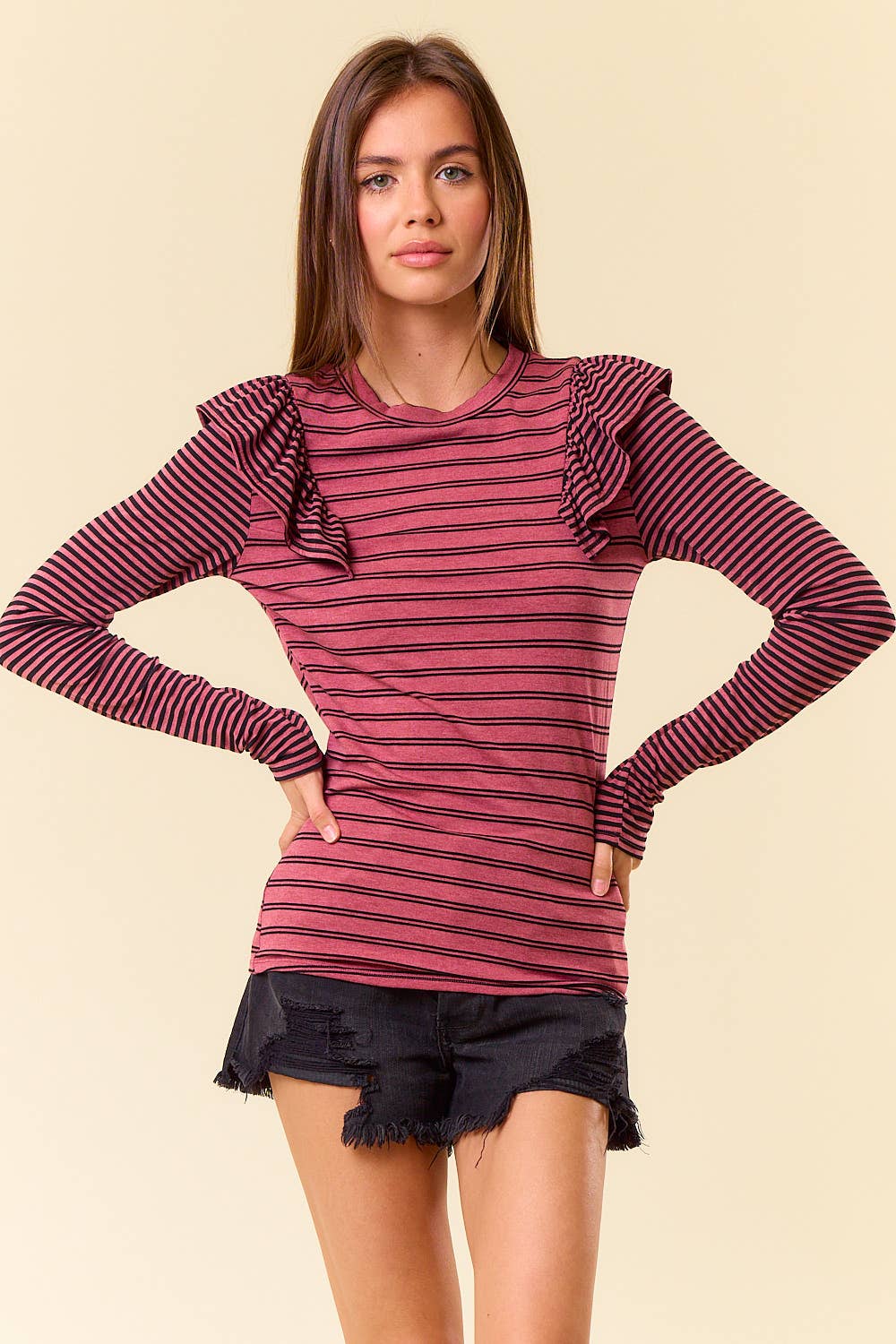 Stripe Mixed Round Neck Ruffled Long Sleeve Tee