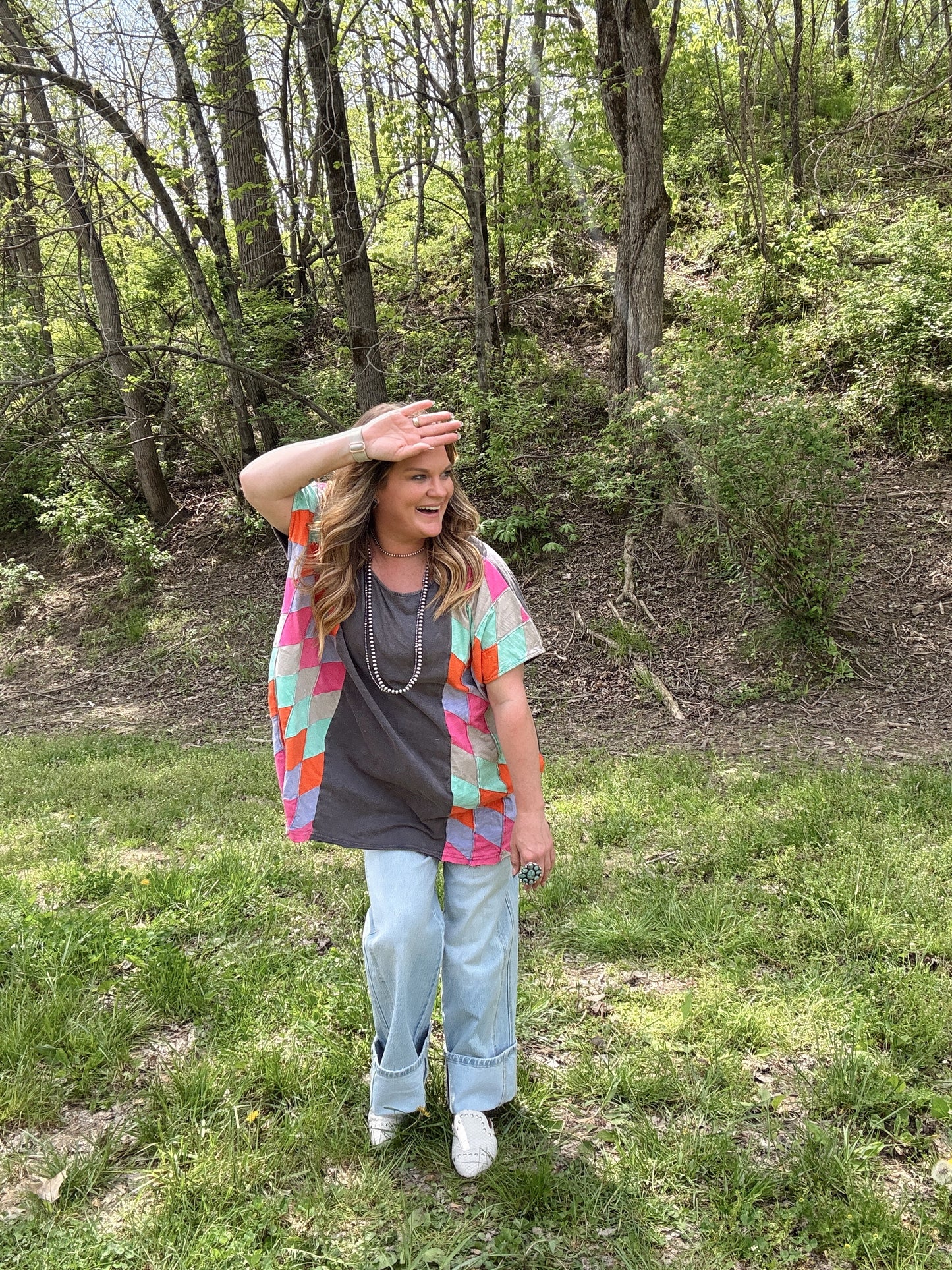 Washed Navy Patchwork Oversize Top