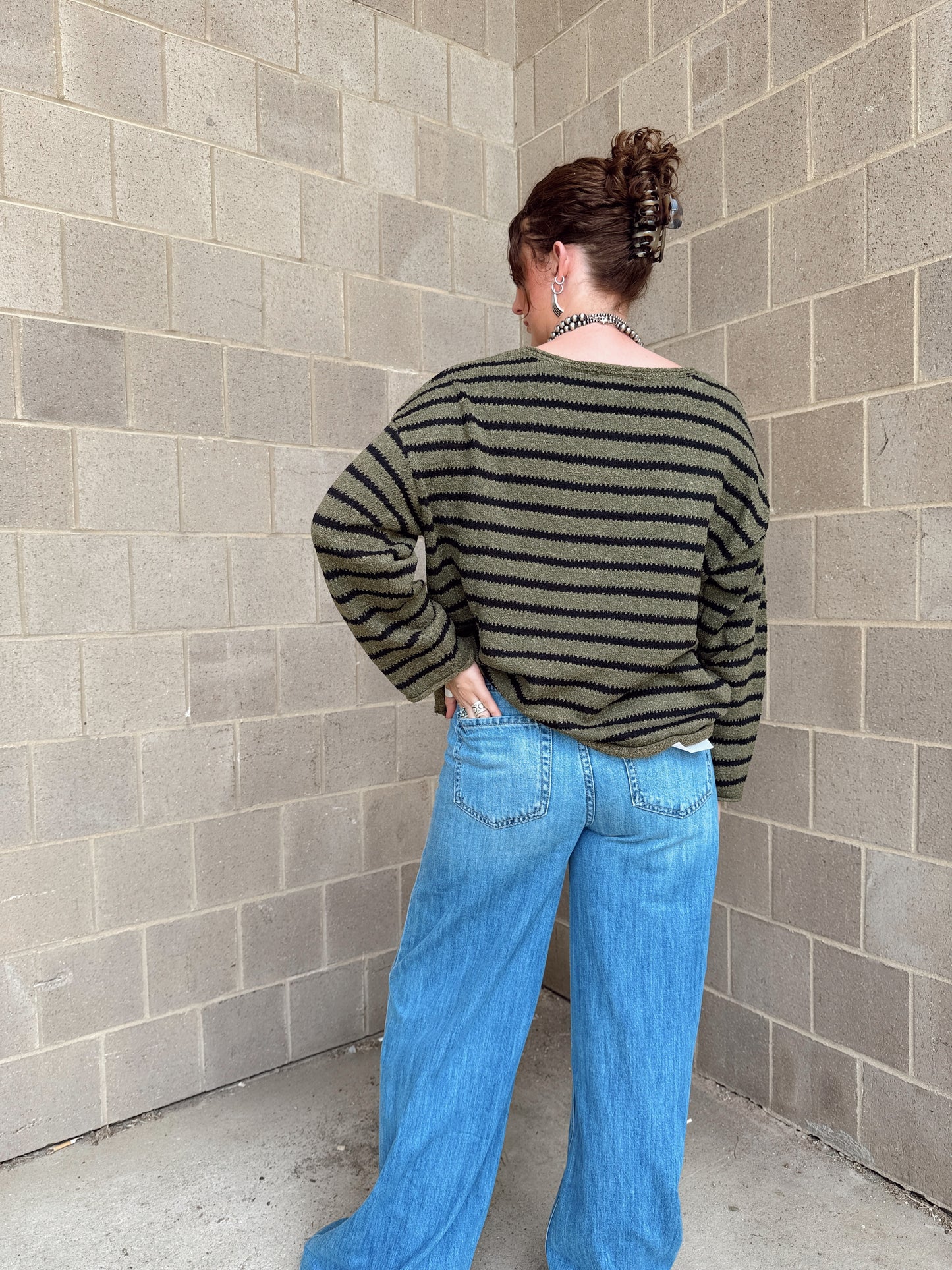 STRIPE BOAT NECK DROP SHOULDER KNIT SWEATER