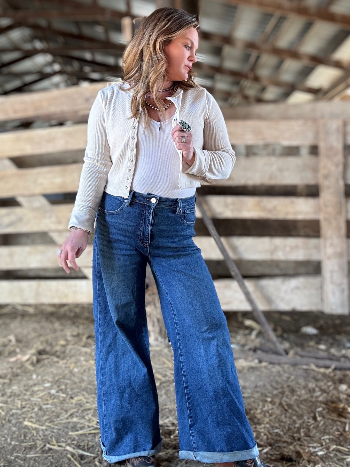 Cream Button-Down Ribbed Knit Top