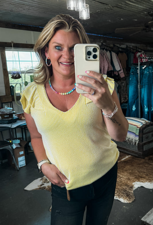 Ribbed Ruffle Sleeve V-Neck