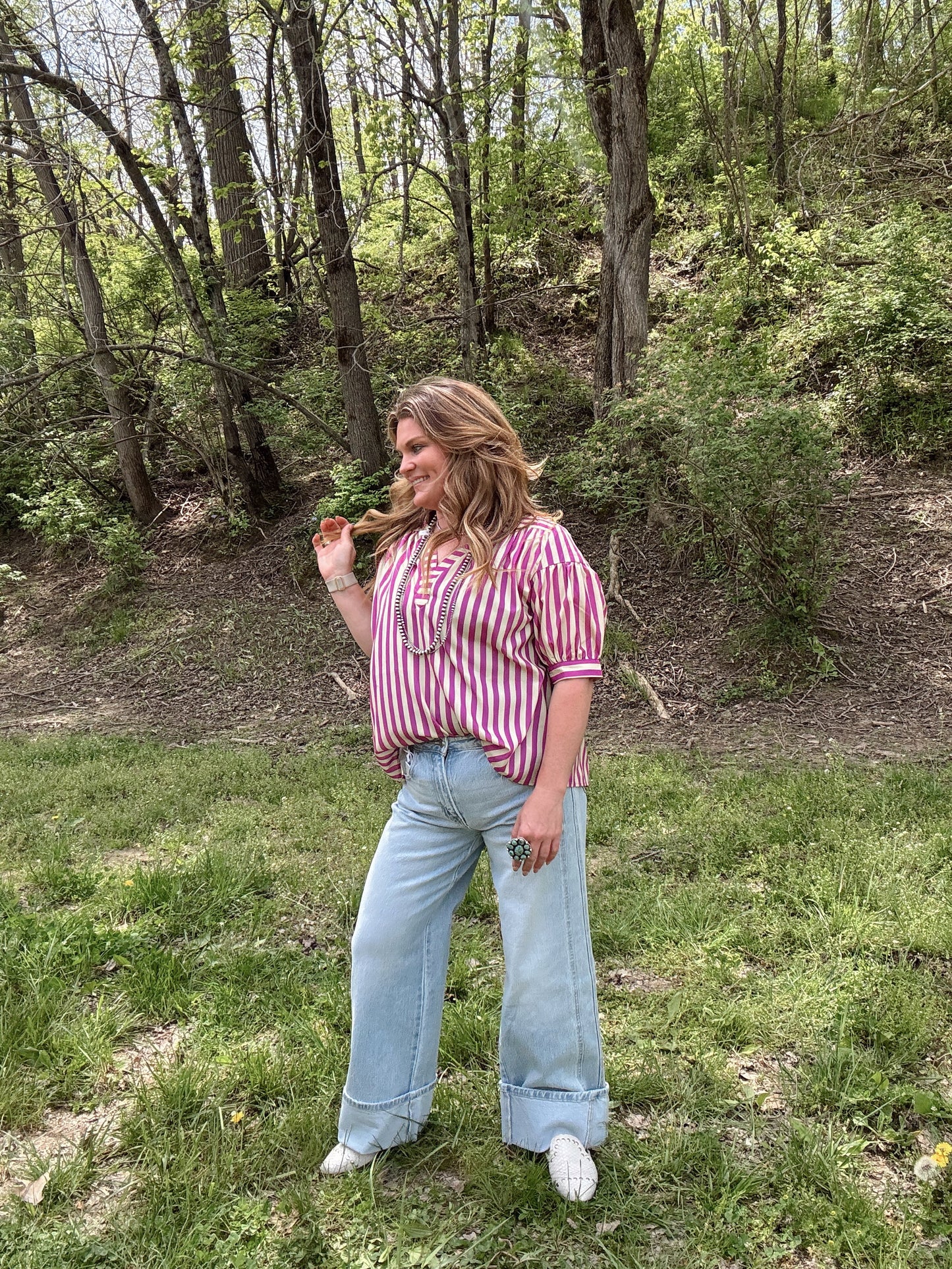 Magenta + Taupe Striped Blouse