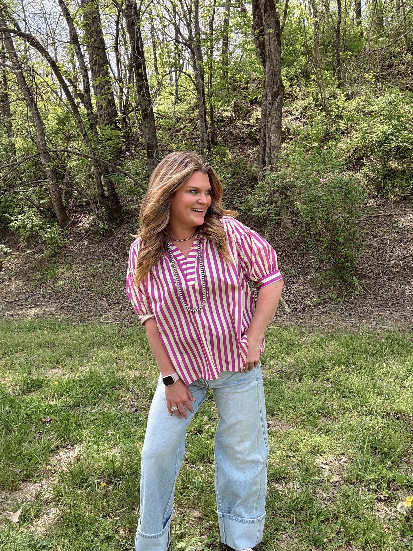 Magenta + Taupe Striped Blouse