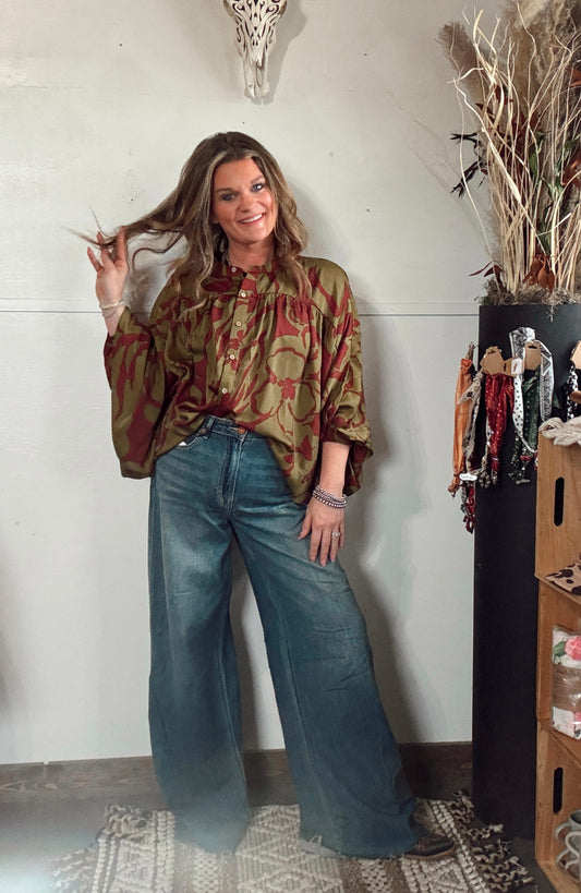 Olive + Burgundy Boho Top