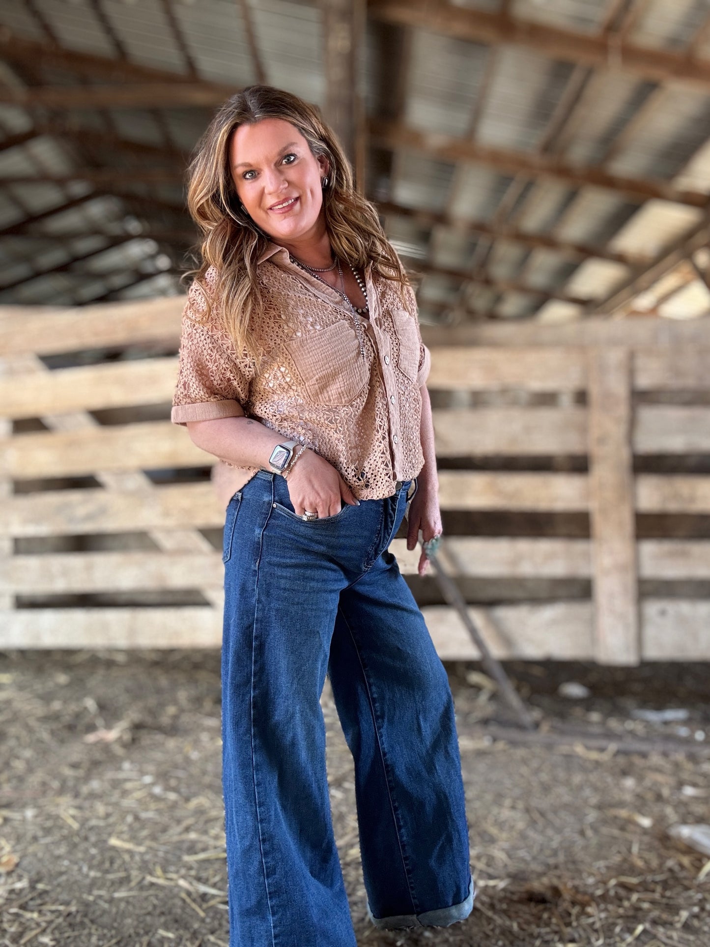 Short Sleeve Crochet Fabric Shirt