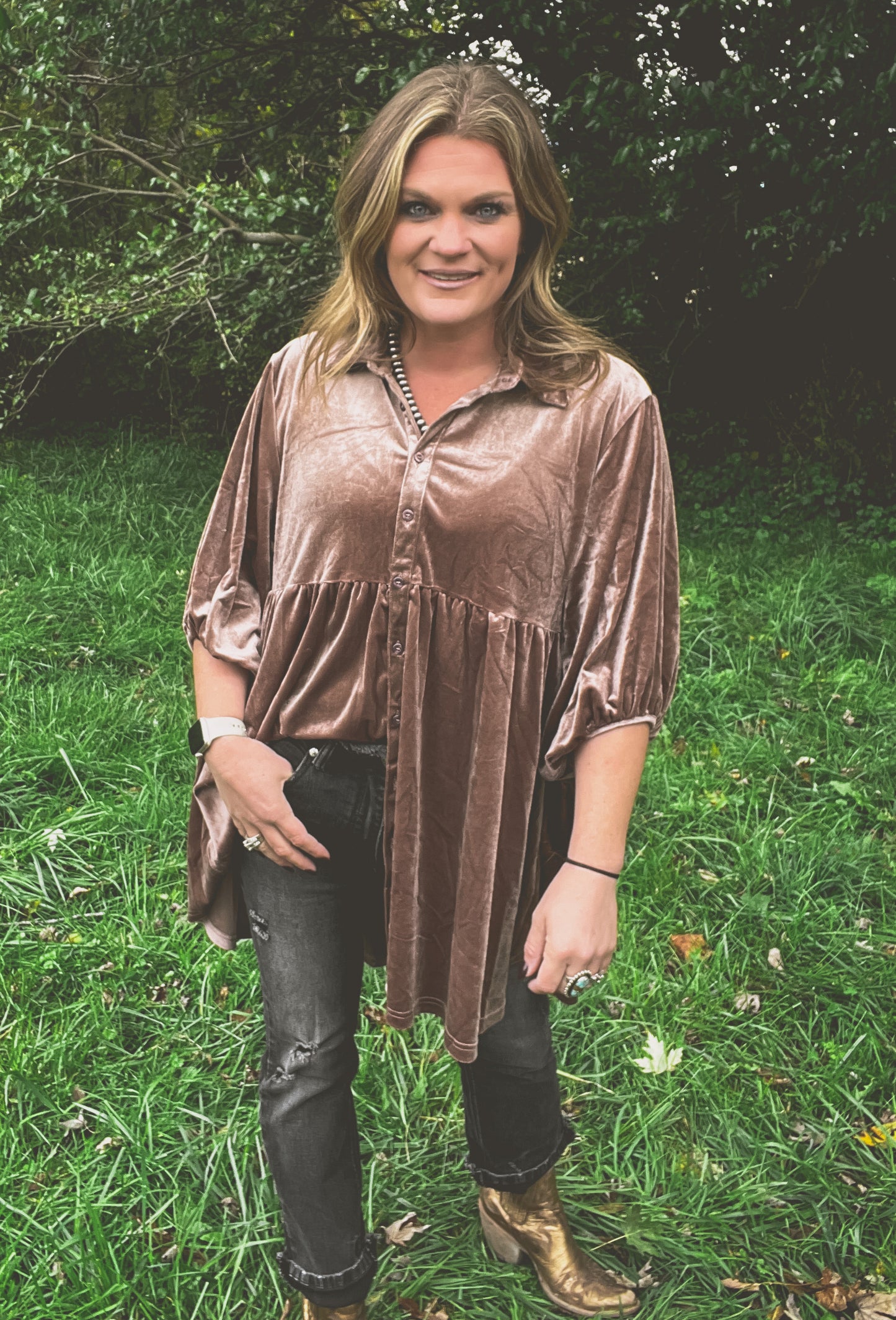 Taupe Velvet Button Down {S-2X}