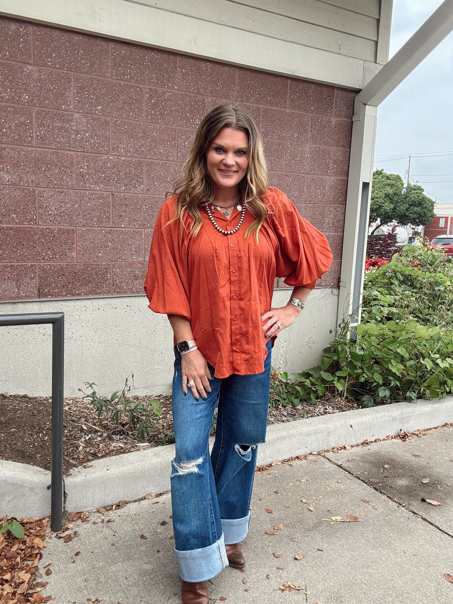 Brick Balloon Sleeve Textured Blouse