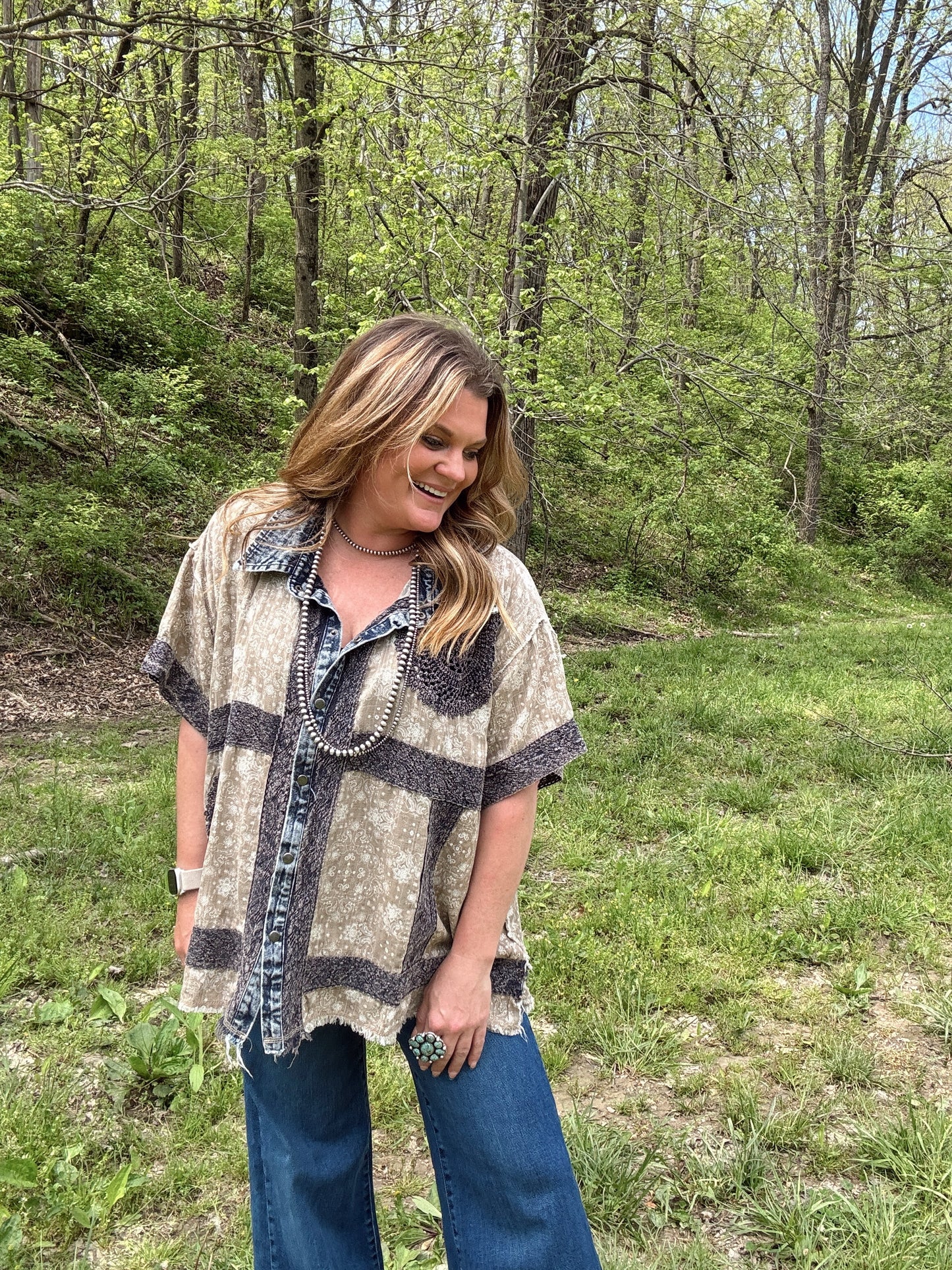 Denim + Lace Crochet Patch Button Down