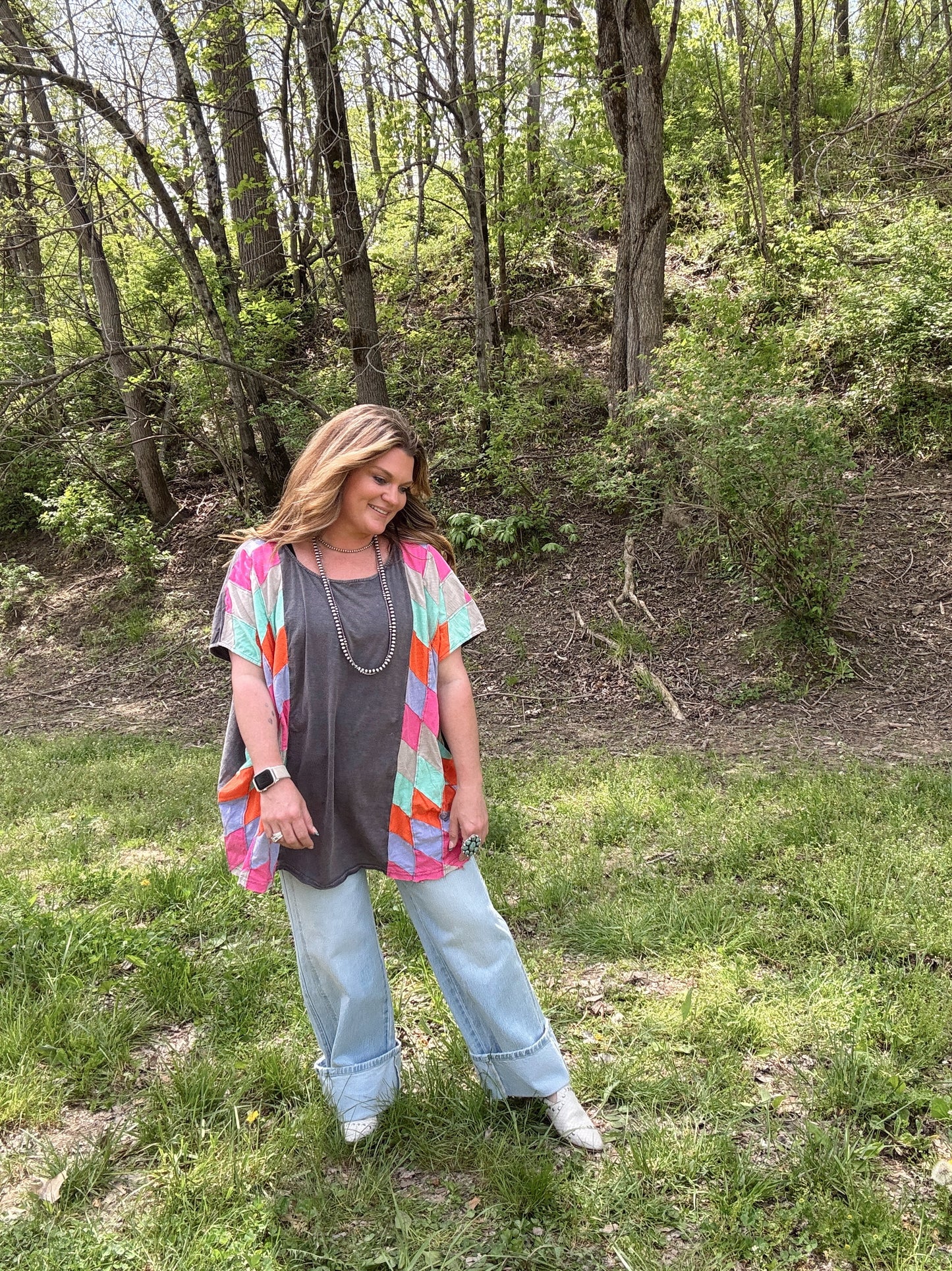 Washed Navy Patchwork Oversize Top
