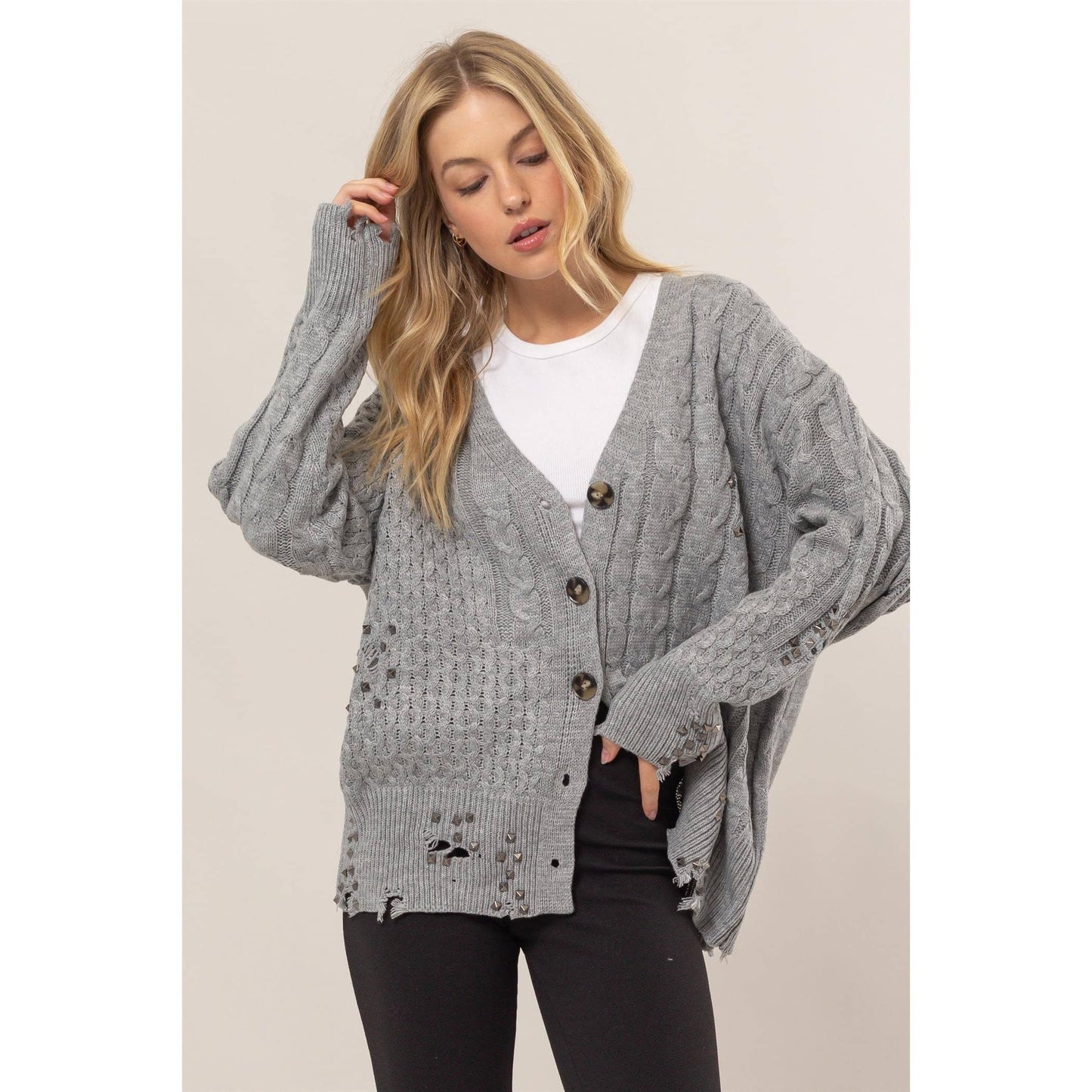Distressed Studded Cable Knit Cardigan