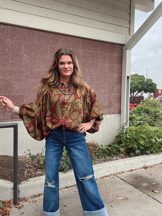 Olive + Burgundy Boho Top