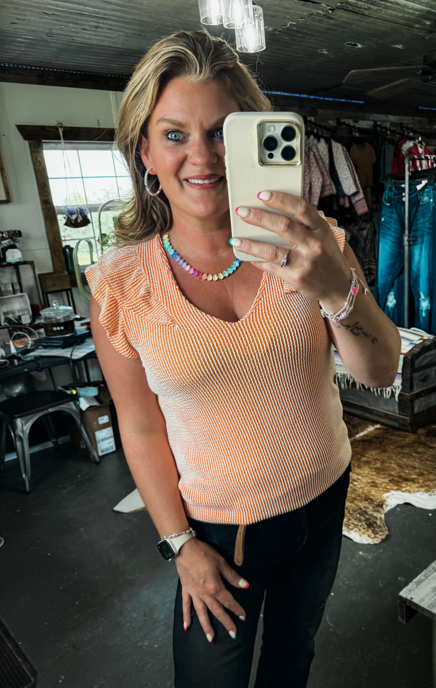 Ribbed Ruffle Sleeve V-Neck