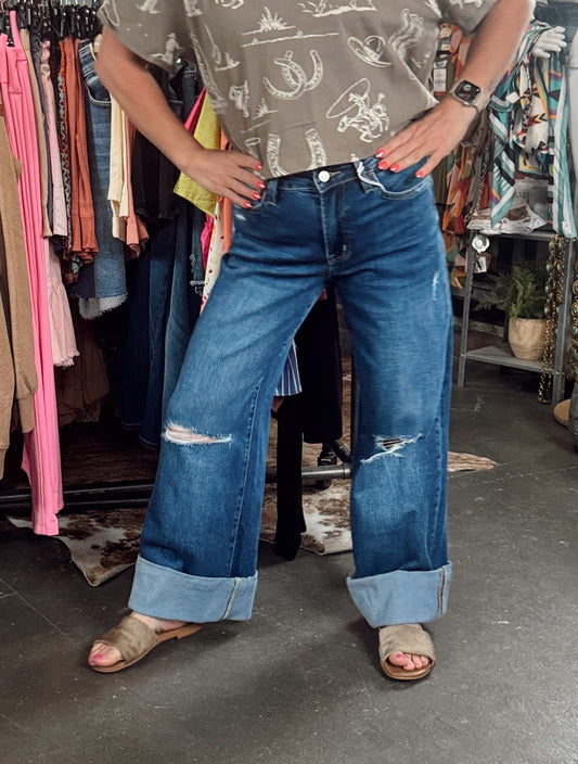 Cuffed Distressed Wide Leg Ankle Jean