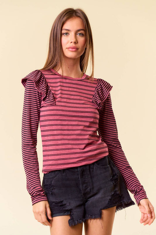 Stripe Mixed Round Neck Ruffled Long Sleeve Tee