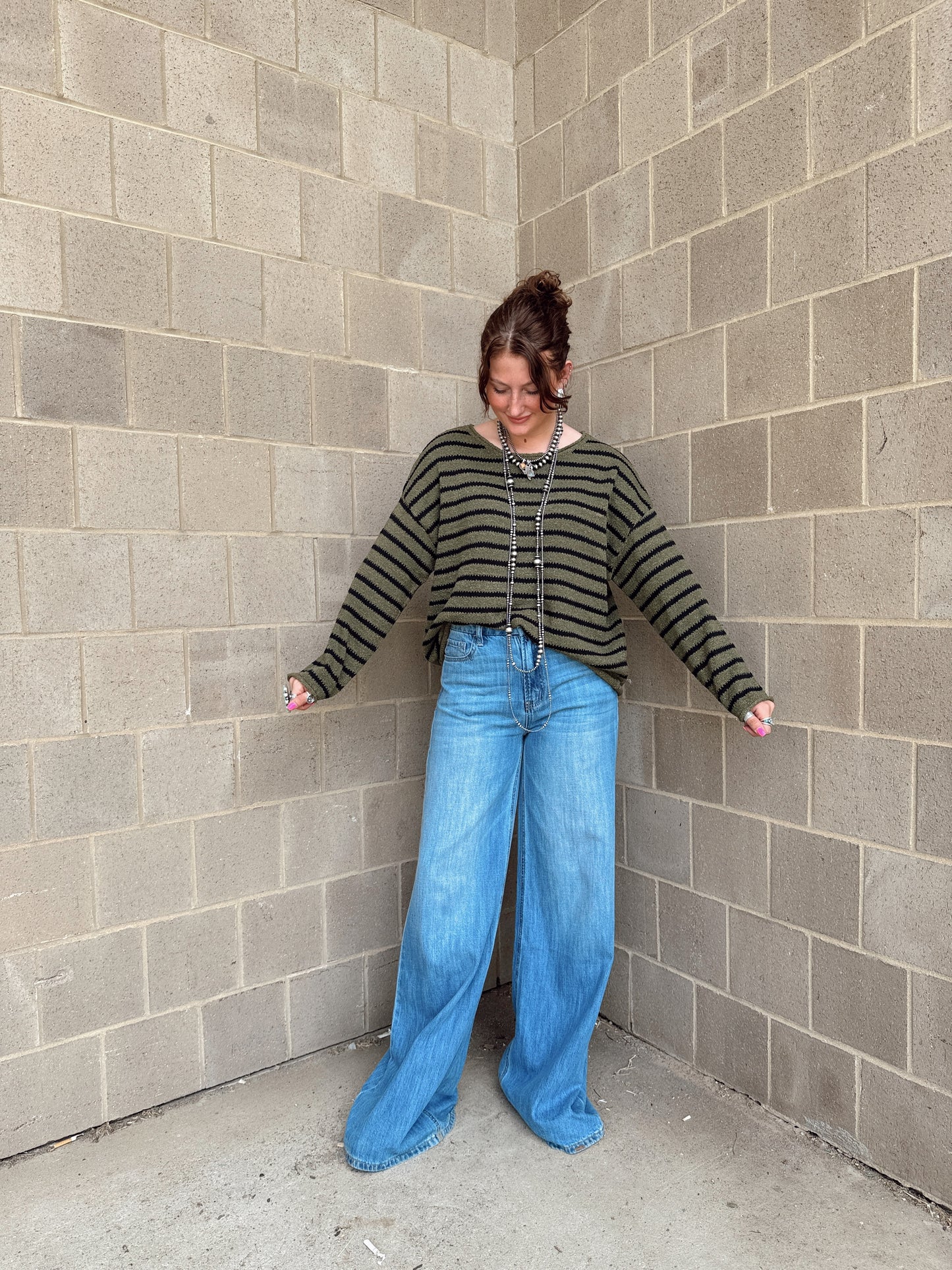 STRIPE BOAT NECK DROP SHOULDER KNIT SWEATER