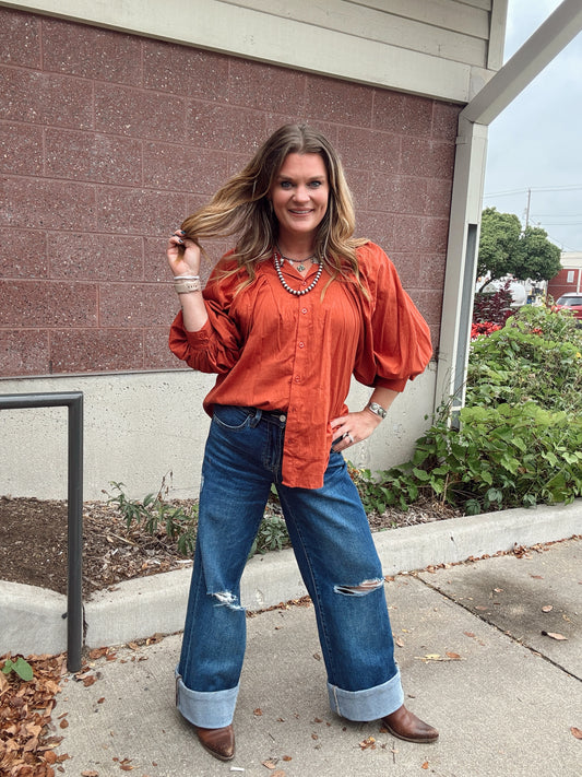 Brick Balloon Sleeve Textured Blouse